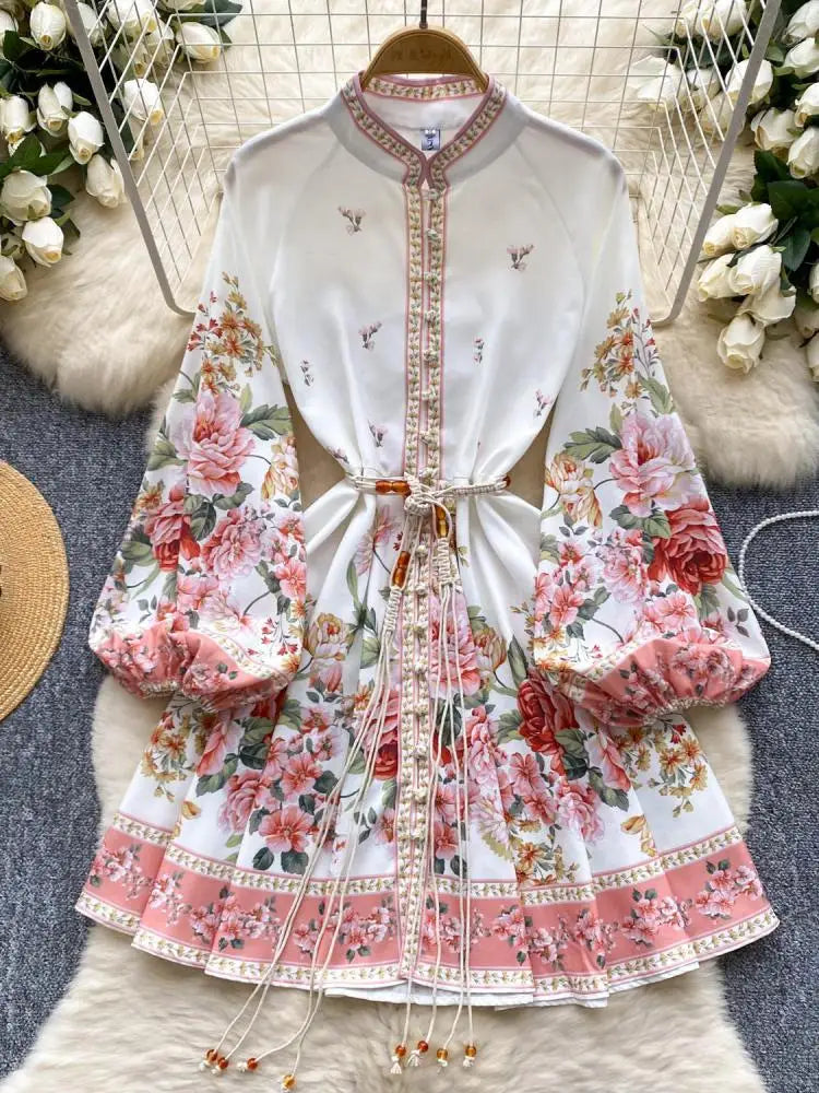 Elegant White Floral Long Sleeve Prom Dress with Lace-Up Detail - Boho Princess Pleated Short Dress for Women | Perfect for Homecoming, Parties & Special Occasions