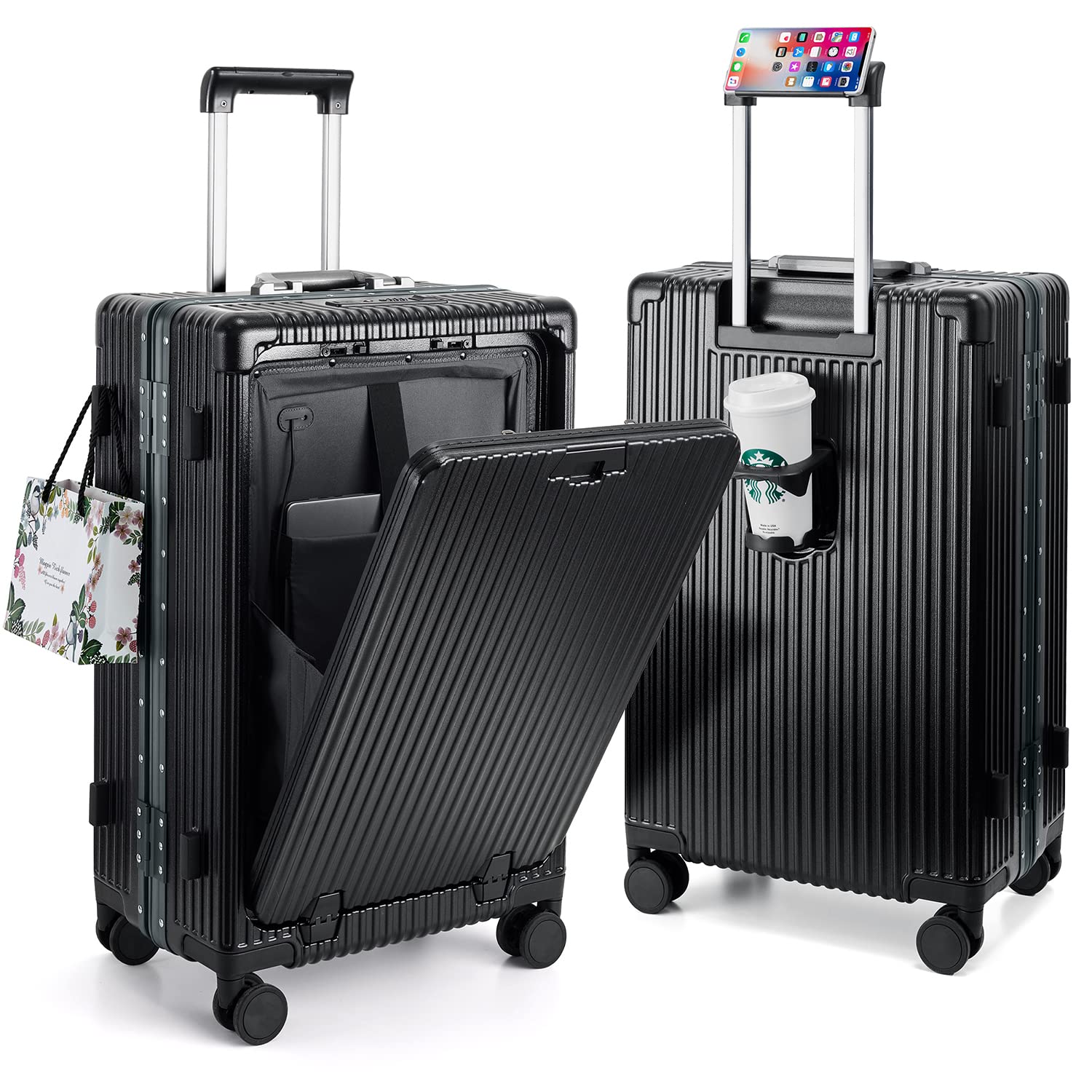 MRPLUM 20 Inch Black Hardside Spinner Wheel Carry On Luggage with TSA Lock, USB Charging Port, Cup Holder & Phone Holder - Perfect for Business Travel, Weekend Getaways & Airplane Cabin Use