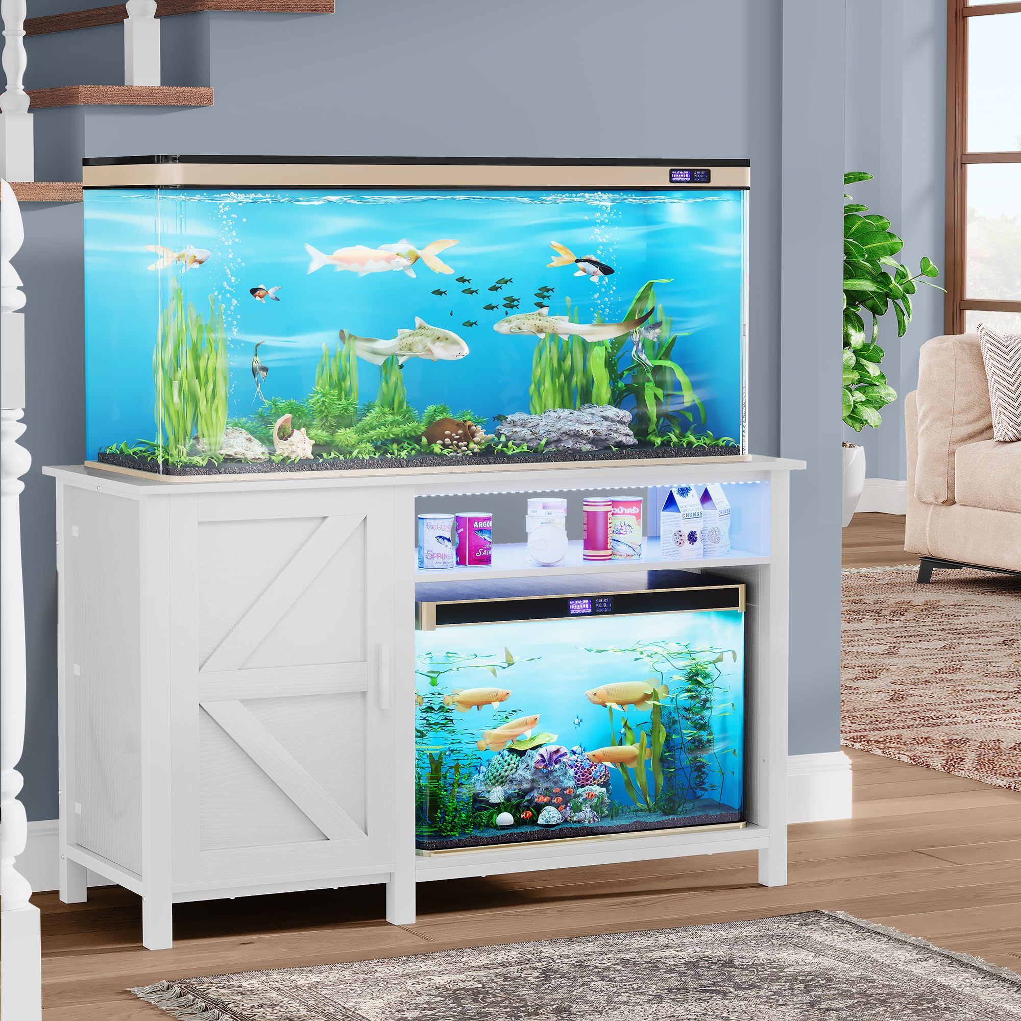 YITAHOME 55-75 Gallon Aquarium Stand with Power Outlets & RGB Lighting - Heavy Duty 900LBS Capacity Fish Tank Cabinet for Turtle Tanks, Reptile Terrariums - Perfect for Living Room, Bedroom or Office Decor (White)