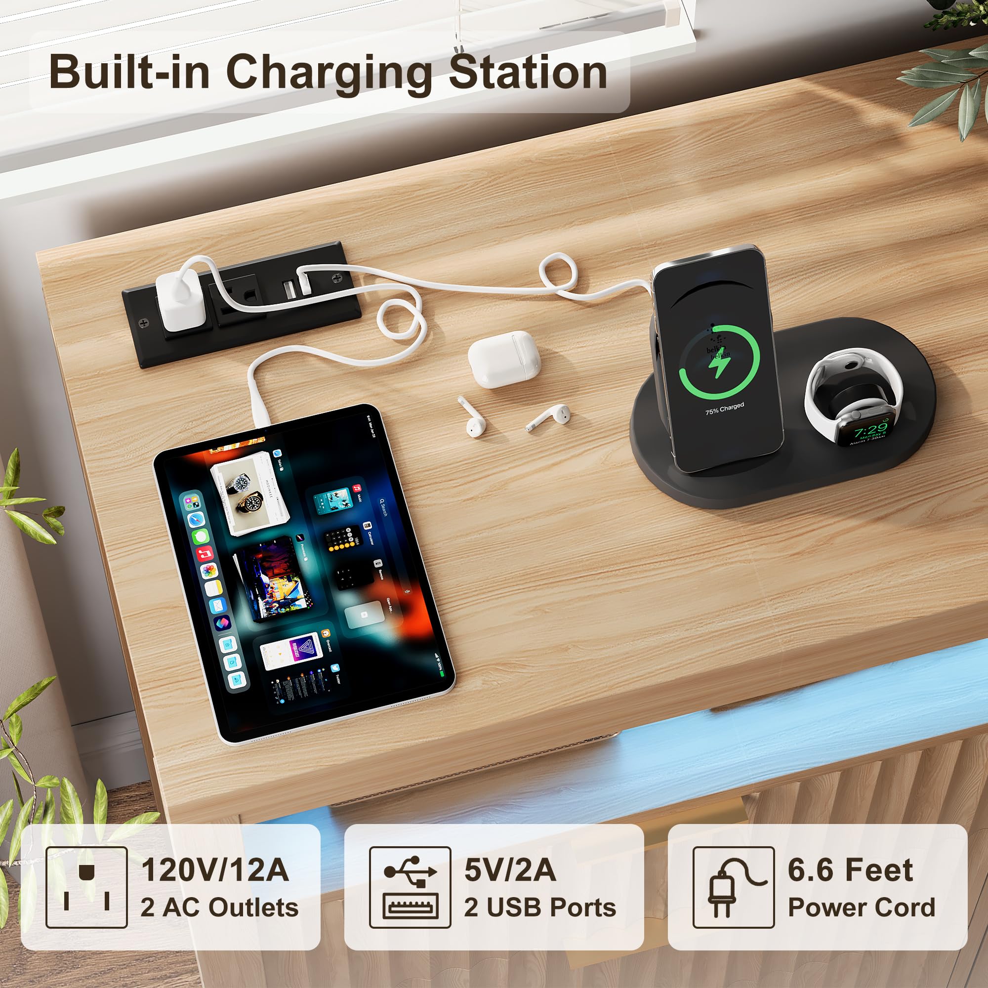 Fluted 6-Drawer Dresser with USB Power Outlet & LED Lights - Modern Boho Chest of Drawers with Charging Station, Large TV Stand Dresser, Double Wooden Drawer Organizer for Bedroom & Living Room (Natural Wood Finish) - Perfect for Small Space Organization & Contemporary Home Decor