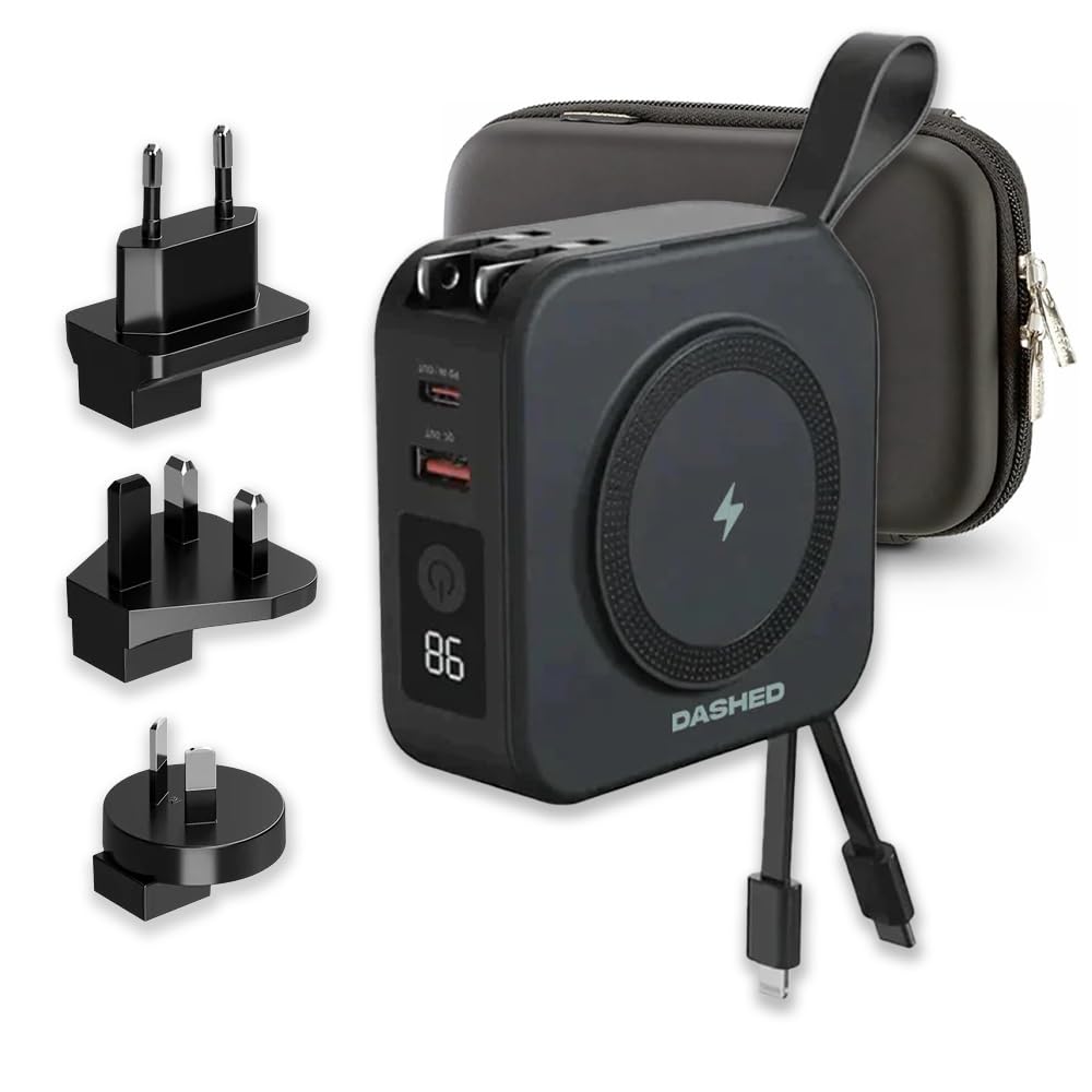 5-in-1 Travel Charger Power Bank with Wireless Charging - 10,000mAh Portable Charger for iPhone, Samsung, Android, AirPods, iPad & Smartwatches - Worldwide Compatibility with 4 Universal Adapters (Black) - Perfect for Travel, Camping & Emergency Power Backup