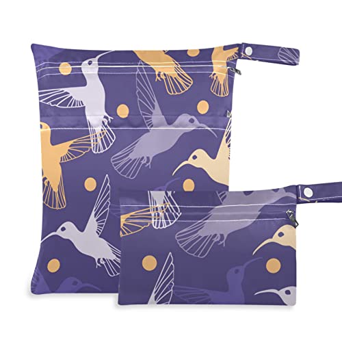 2 Pack Reusable Waterproof Dry Wet Bags - Hummingbird Purple, Travel Beach Pool Essentials for Swimsuits, Gym Clothes & Diapers | Perfect for Stroller, Baby Care & Sports Activities