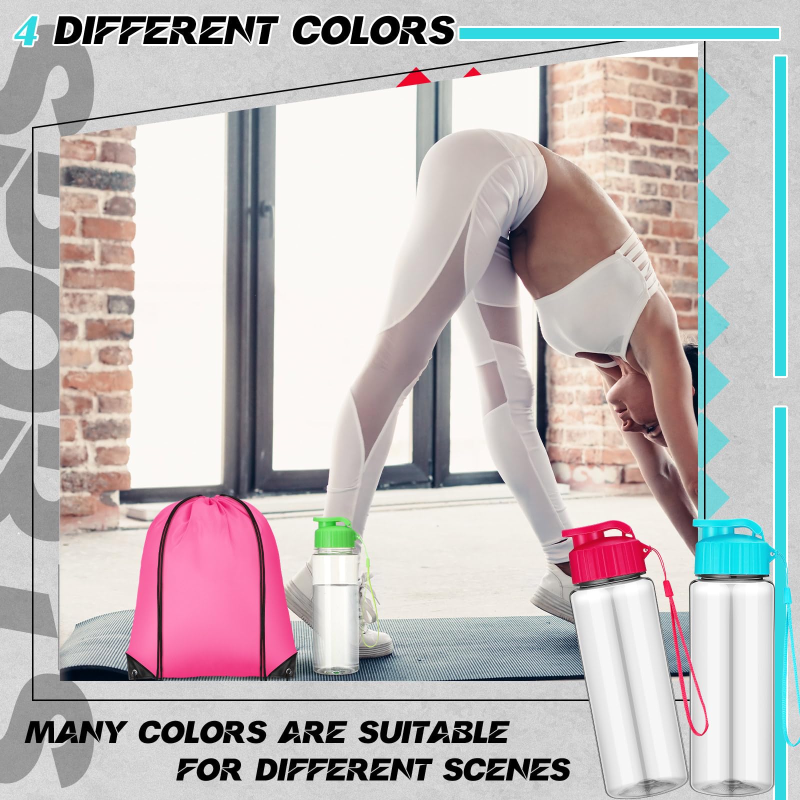 40 Pack 17 oz Reusable Plastic Water Bottles with Flip Top & Leakproof Design - Includes Drawstring Backpack for Gym, Sports, Travel, Hiking, Camping & Outdoor Activities - BPA Free Water Bottles for Adults & Kids (Stylish)