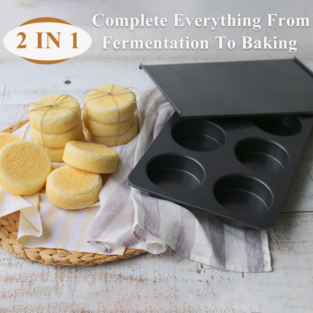 6-Cup Jumbo English Muffin Pan with Lid - Nonstick Baking Tray for Cupcakes, Burgers, Egg Sandwiches, Frittatas & More | Perfect for Home Baking, Breakfast Prep & Party Cooking