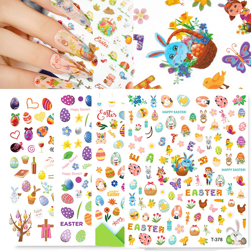 Easter Nail Art Stickers - 8 Sheets 3D Self-Adhesive Nail Decals with Bunny, Eggs & Chicken Designs - Cartoon Rabbit Manicure Decorations for Kids, Girls & Women - Perfect for Easter Parties, Spring Nail Art & DIY Home Manicures