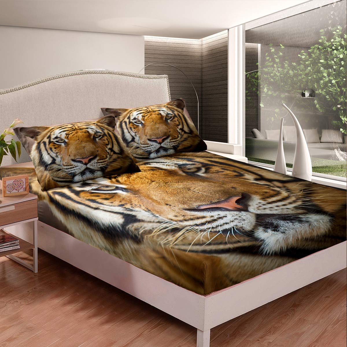 Feelyou Tiger Print Fitted Sheet Set - Safari Wildlife Animal Pattern Bedding for Twin Size (1 Fitted Sheet & 1 Pillowcase) - Soft & Breathable for Kids Room, Jungle Theme Nursery or Wildlife Lover's Bedroom