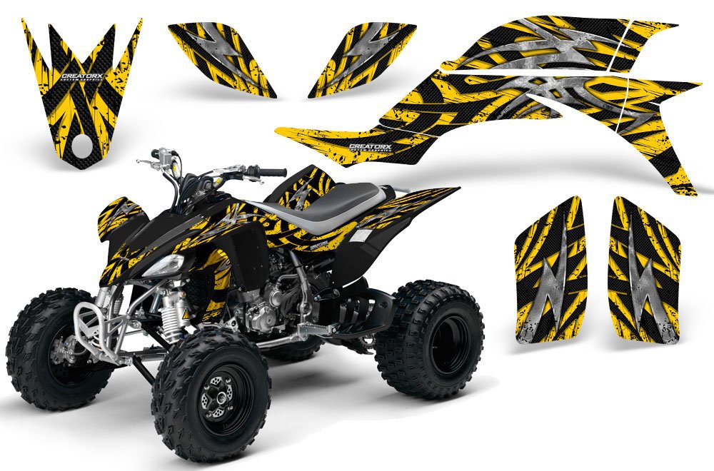 Yamaha YFZ 450 ATV Graphics Kit - High-Quality Decals & Stickers in Bolt Thrower Yellow - Perfect for Customizing Your ATV for Racing or Off-Road Adventures