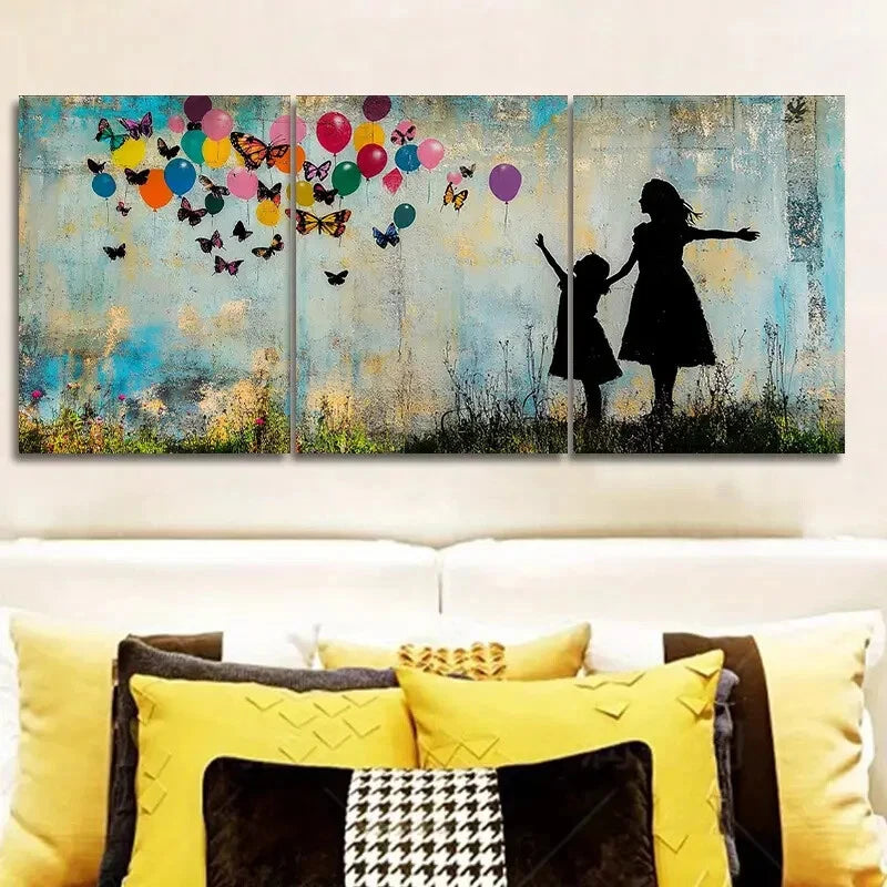 3-Piece Little Girl and Butterfly Balloon Wall Art Set - Framed Canvas 40x60cm - High Quality Print - 100% Australian Made - Ready to Hang - Perfect for Nursery, Kids Room Decor & Birthday Party Wall Decoration