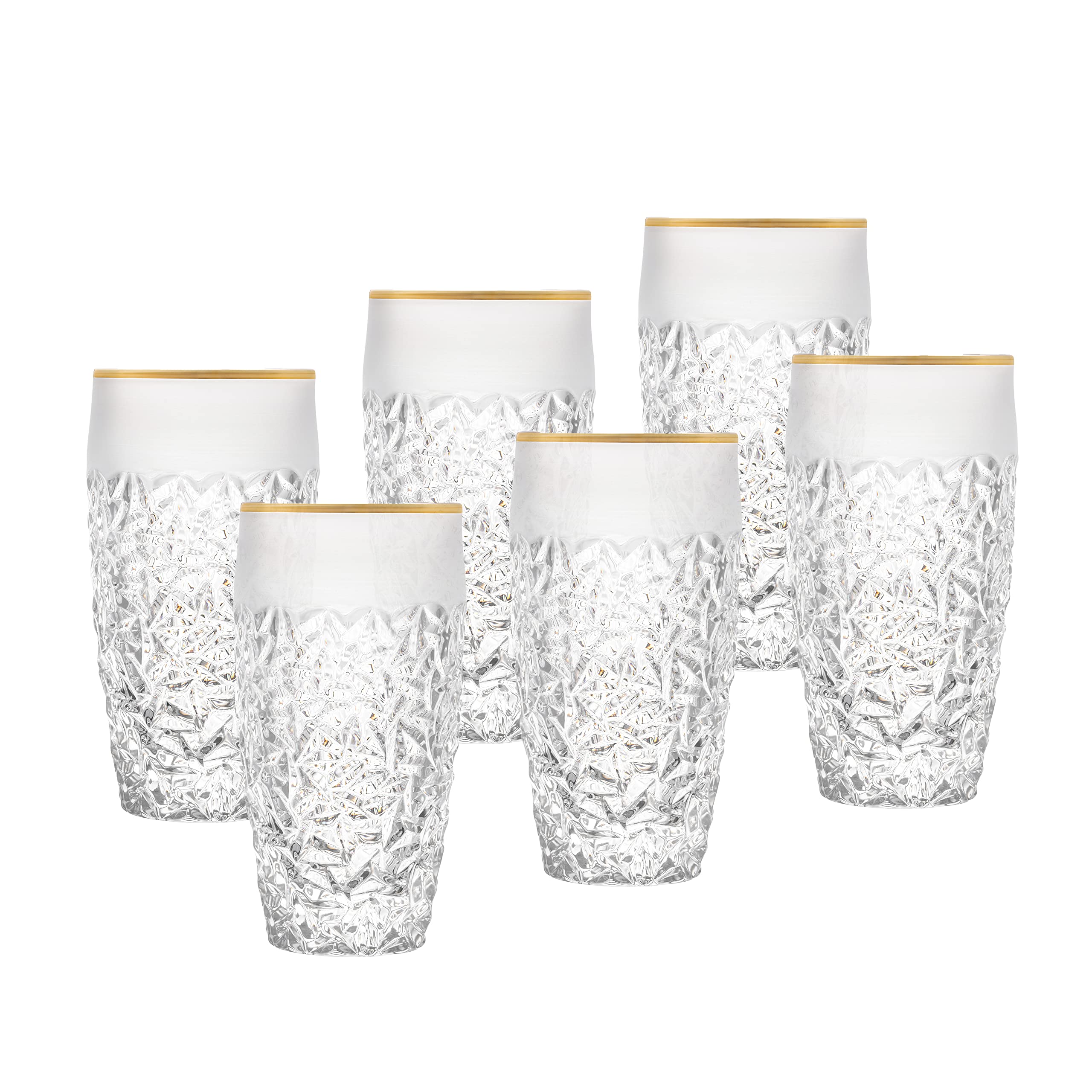 Premium European Crystal Glass Set of 6 - 16 oz Highball Tumblers with Elegant Raindrop Design, Frosted Border & Gold Rim - Made in Europe - Perfect for Cocktails, Iced Coffee & Home Bar Decor