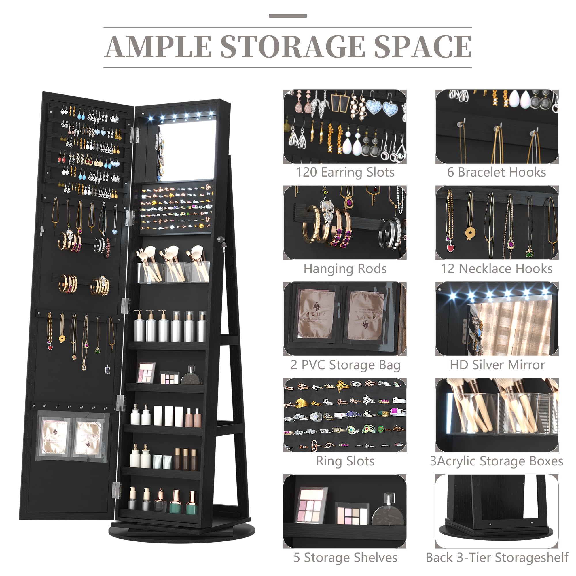 360° Swivel LED Jewelry Cabinet with Full Length Mirror - Jewelry Organizer & Storage Armoire, Farmhouse Style Lighted Vanity Mirror for Bedroom & Dressing Room (Coal Black) | Perfect for Jewelry Display, Makeup & Outfit Coordination