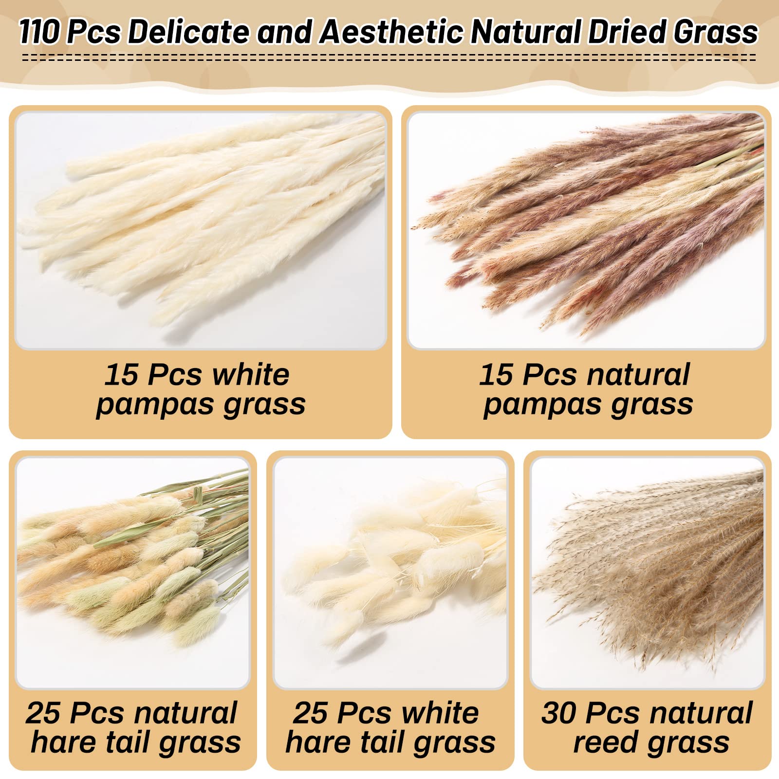 110 PCS Natural & White Dried Pampas Grass Bouquet with Bunny Tails - Boho Home Decor, Wedding Centerpieces, Party Arrangements - Perfect for Farmhouse, Rustic, and Modern Interior Design