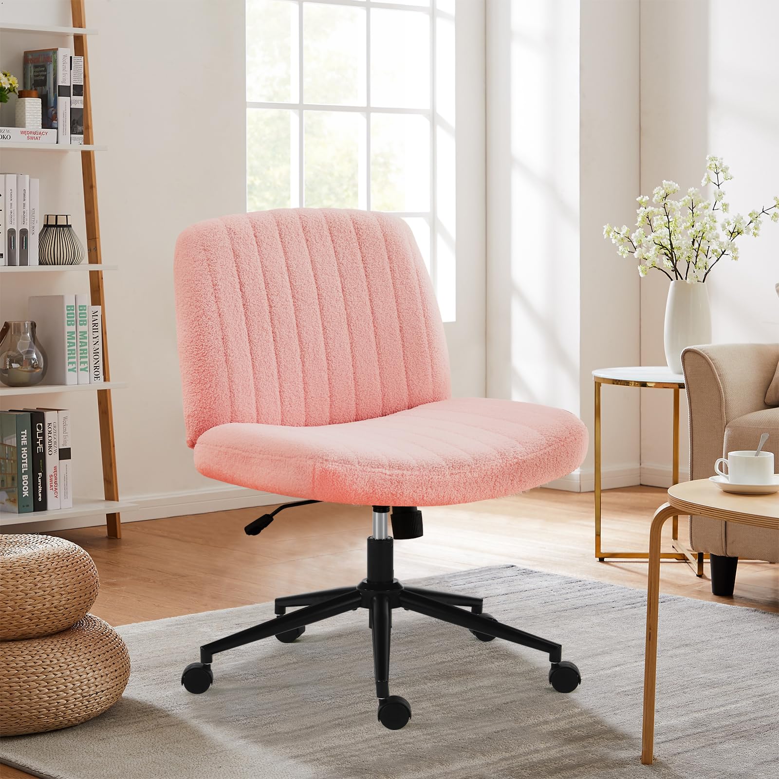 Sweetcrispy Criss Cross Chair Legged Armless Office Desk Chair with Wheels - Swivel, Height Adjustable, Wide Seat Computer Task Chair for Home & Office - Teddy Pink - Perfect for Workstations, Gaming & Study Spaces