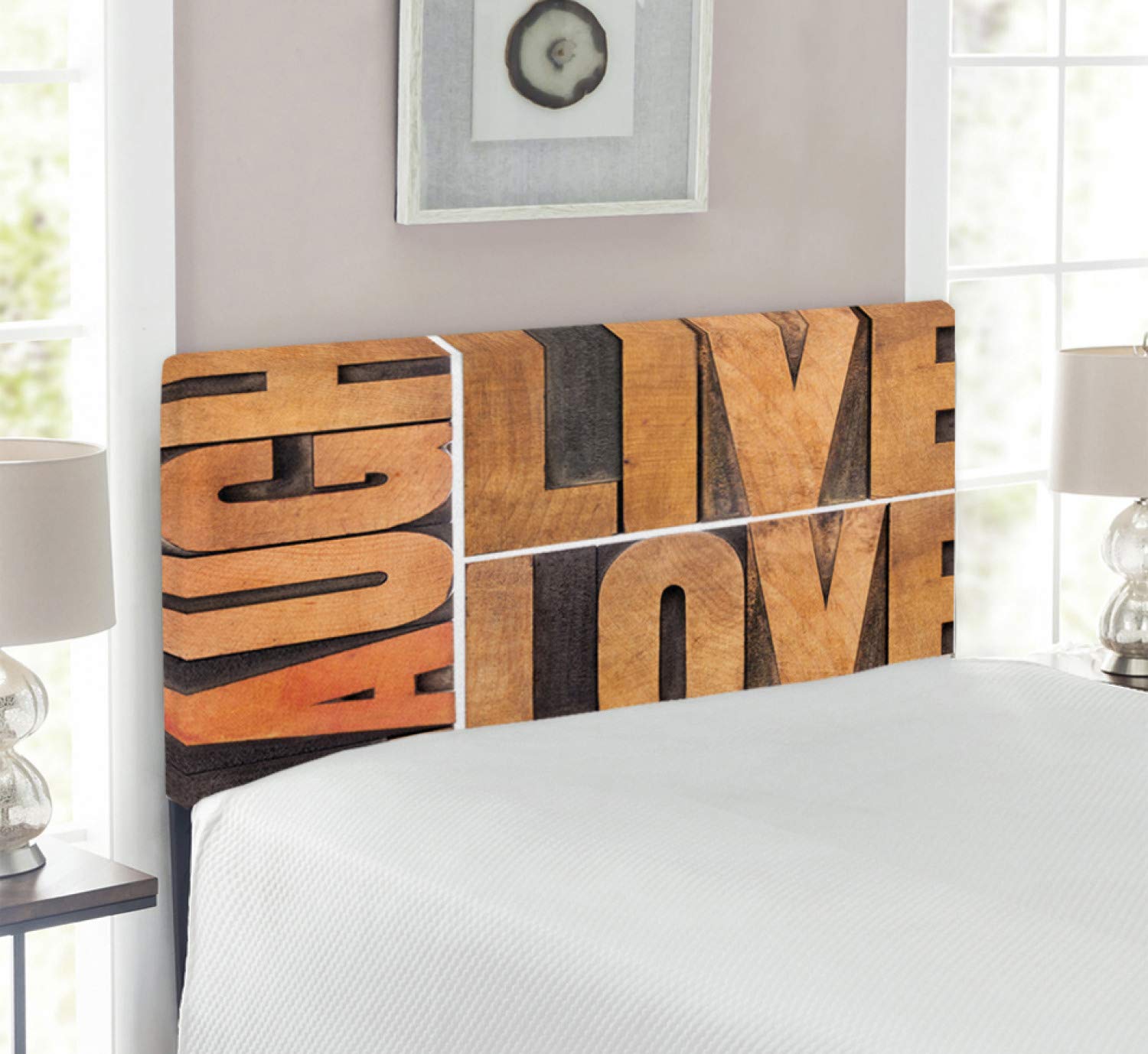 Ambesonne Live Laugh Love Upholstered Headboard - Inspirational Calligraphy Design with Memory Foam, Twin Size Bed Frame in Pale Caramel Umber - Perfect for Bedroom Decor & Guest Room Setup