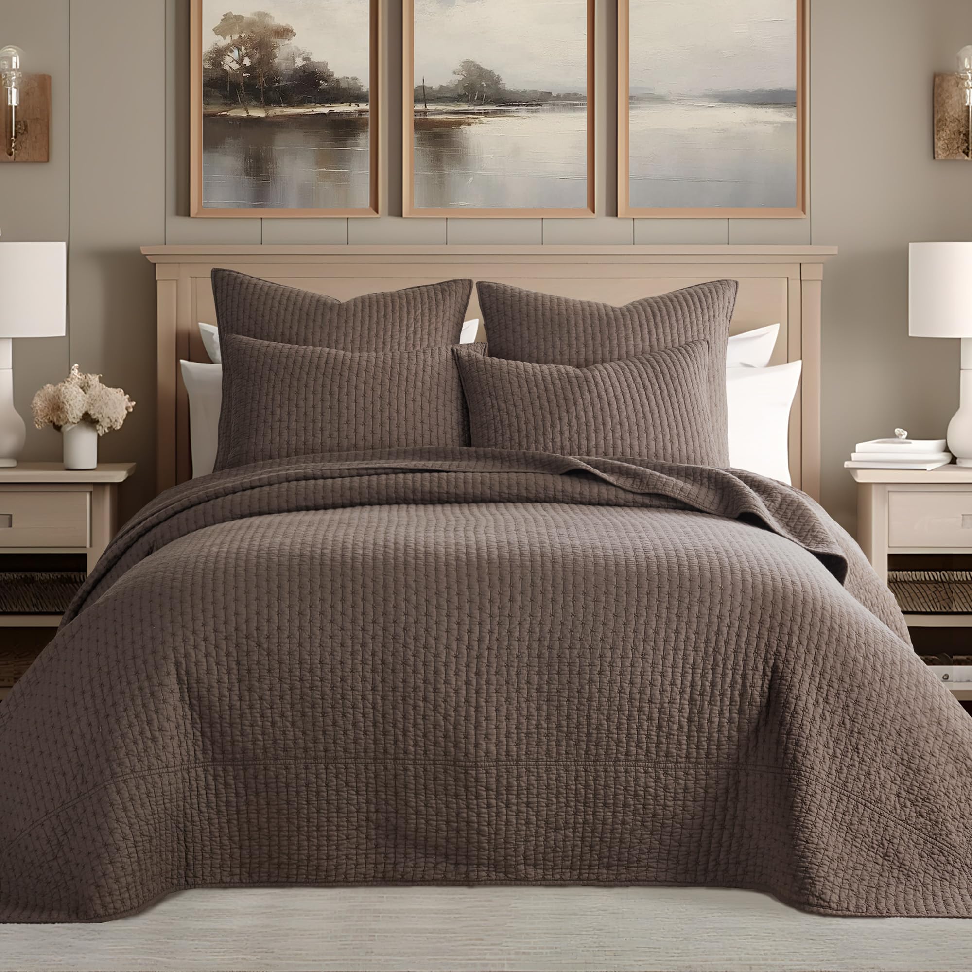 Levtex Home King Size Cross Stitch Cocoa Bedspread Set - 120x104 Inch Quilted Cotton Bedspread with 2 King Shams (20x36in) - Elegant Cross Stitch Pattern Design - Perfect for Master Bedroom, Guest Room or Cozy Farmhouse Decor