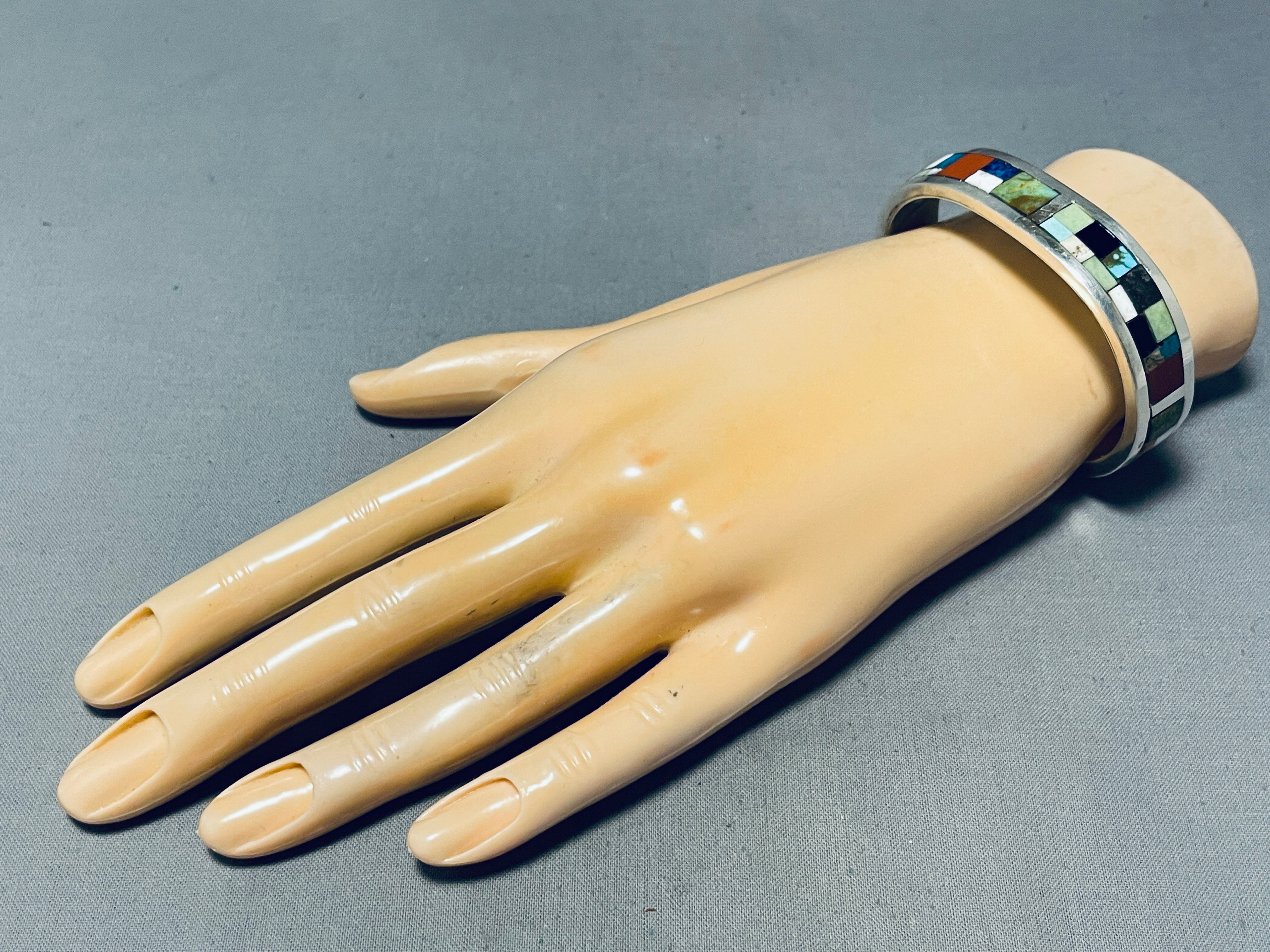 6.5 Inch Vintage Native American Navajo Signed Turquoise Coral Lapis Silver Inlay Bracelet - Handmade Jewelry for Women, Boho Style Accessories, Perfect for Festivals & Special Occasions