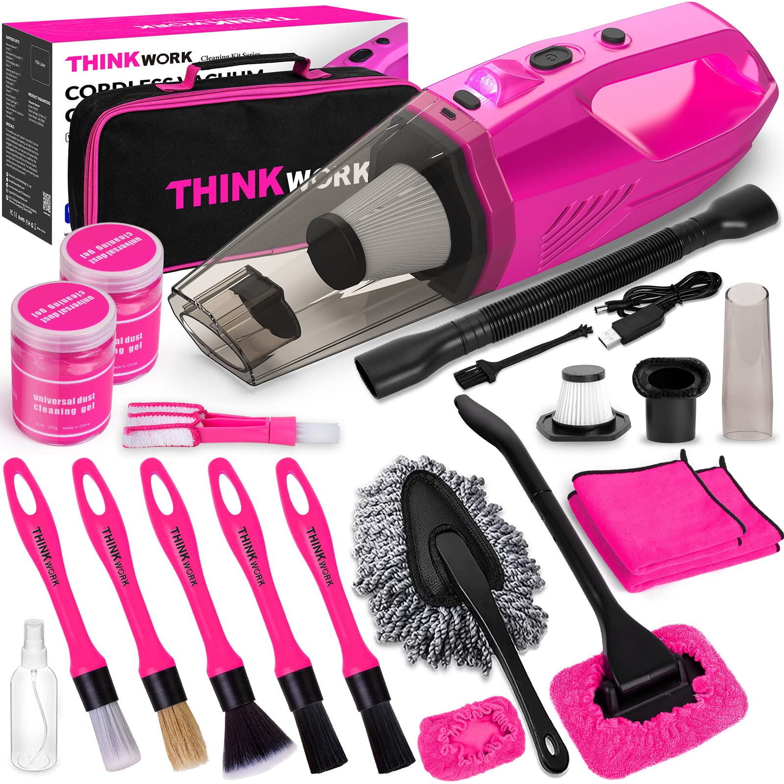 THINKWORK Pink Cordless Handheld Vacuum Cleaner - 8000PA Powerful Suction, Portable Car Vacuum Kit with Detailing Brush Set | Ideal for Car Interior Cleaning, Home Use & Perfect Gift for Women