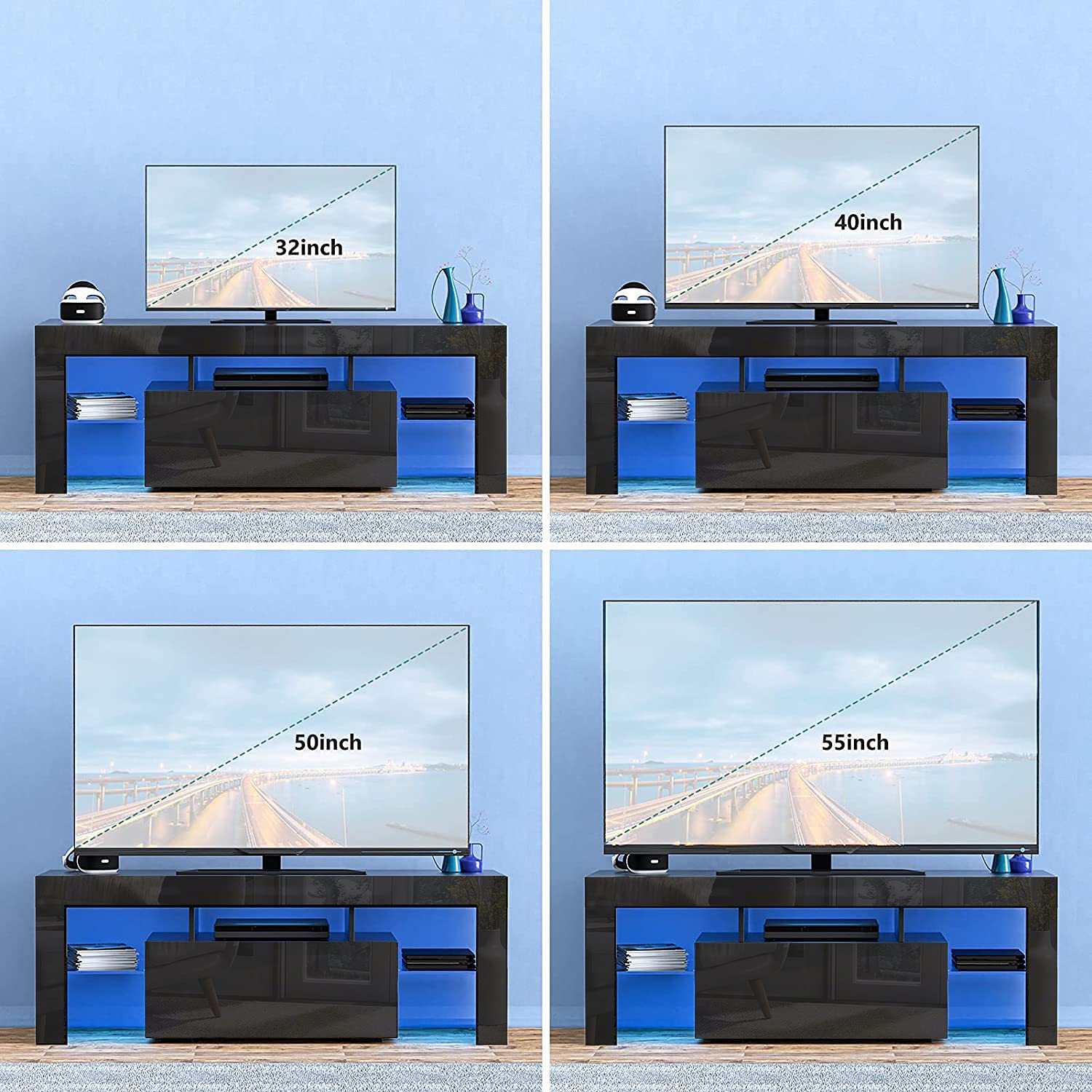 55 Inch LED TV Stand with 20 Color Lights - Black High Gloss Entertainment Center with Storage Drawer & Glass Shelf - Perfect for Gaming Setup, Living Room & Bedroom TV Console
