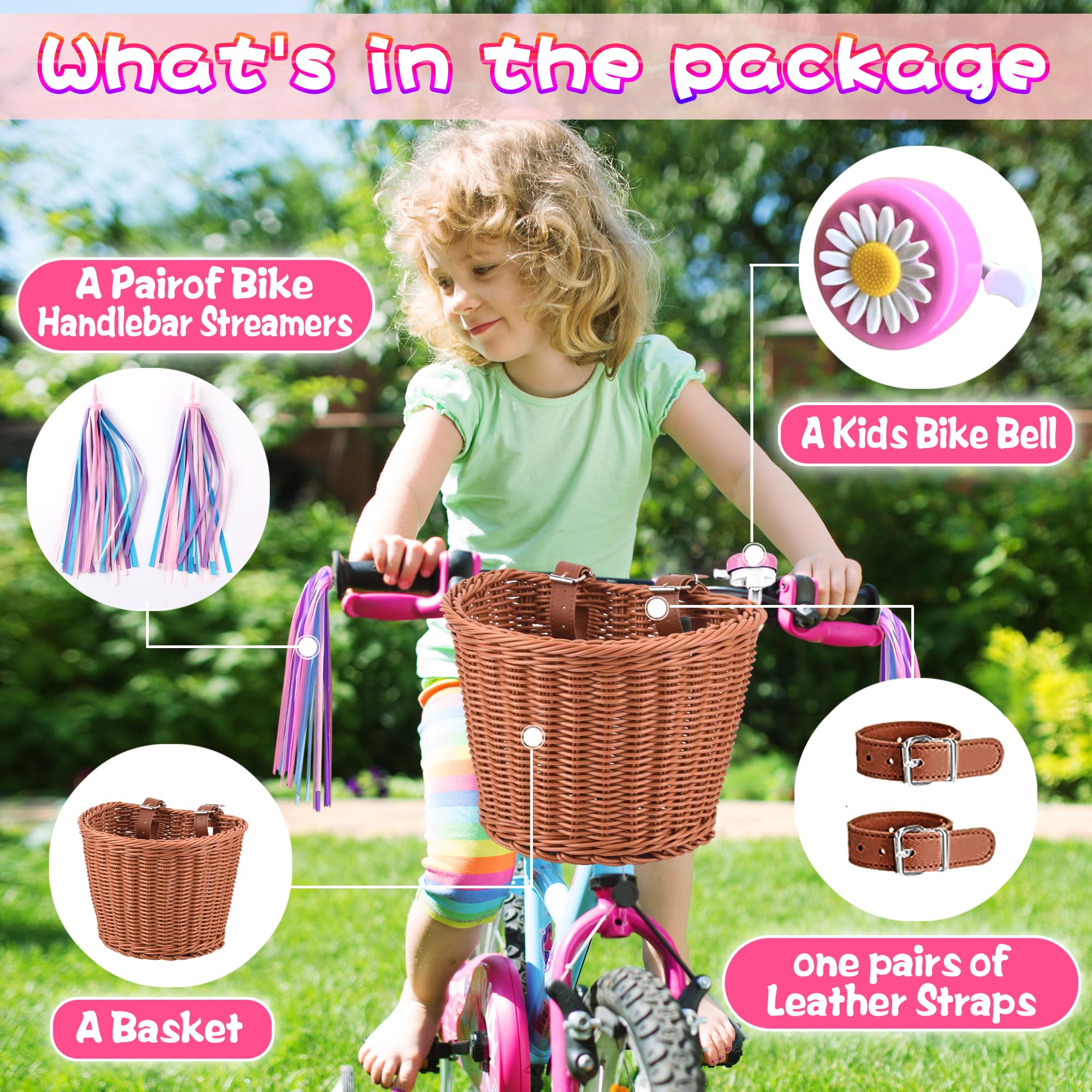 Handwoven Kids Bike Basket Set - Detachable & Universal Fit for Most Bikes, Stationary Bikes, Ebikes & Road Bikes | Perfect for School, Picnics & Outdoor Adventures