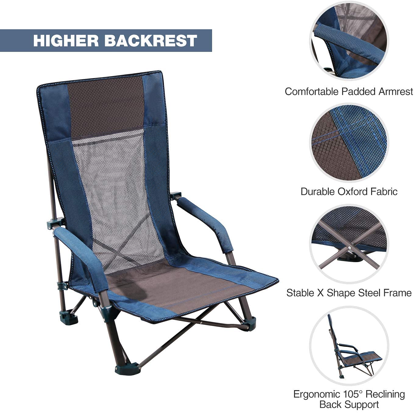 RedSwing Low Sling Beach Chair - Foldable Low Profile Camping Chair for Adults, High Back Portable Outdoor Chair for Beach, Backpacking & Picnics (Blue, Set of 2) - Perfect for Beach Vacations, Camping Trips & Backyard Relaxation