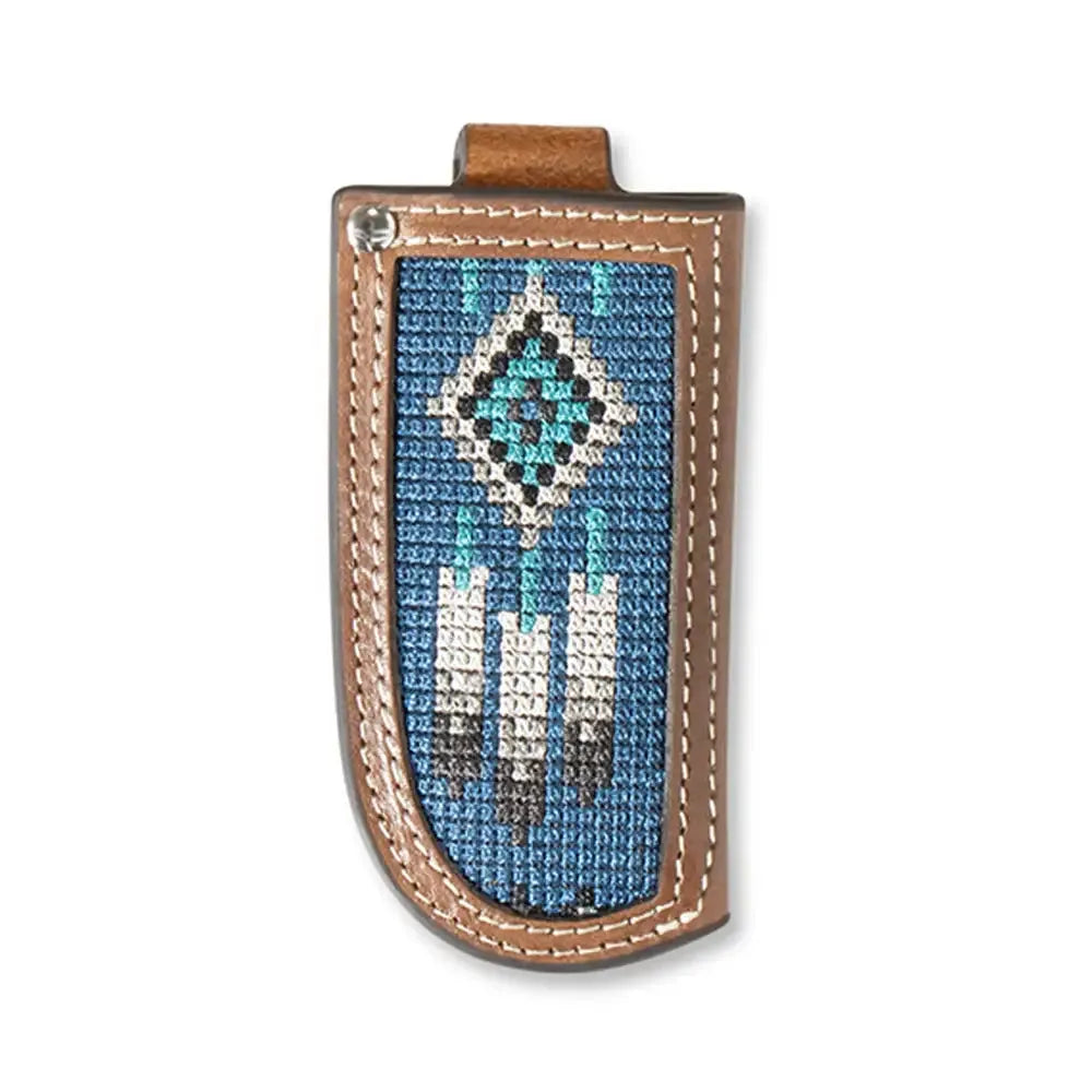 Ariat Leather Southwestern Inlay Knife Sheath - Blue & Brown Western Style for Hunting, Camping & Outdoor Adventures
