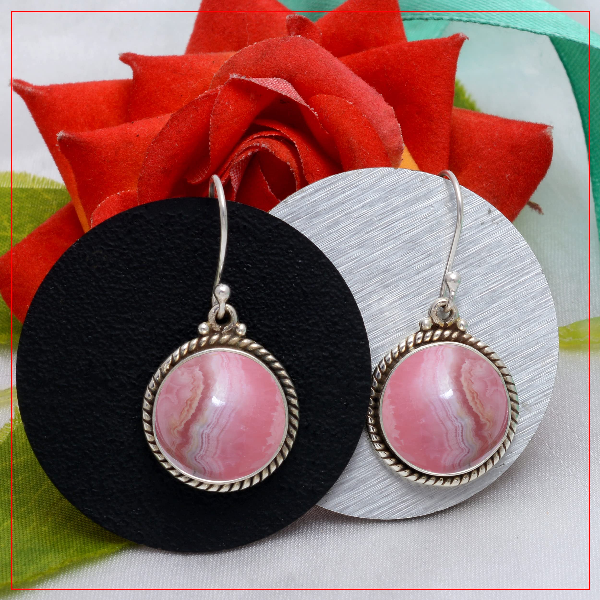 Veracity Jewelry 925 Sterling Silver Rhodochrosite Earrings for Women - Handmade Pink Red Gemstone Dangle Earrings (VSE-250) - Perfect for Date Night, Wedding & Special Occasions