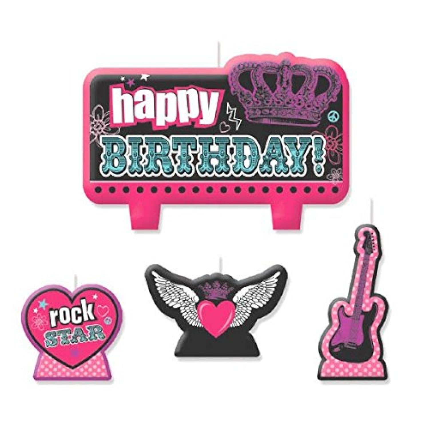 Amscan Charming Rocker Princess Themed Candles - Set of 4 Scented Birthday Party Candles (Black, Pink, White, Blue) 2.25