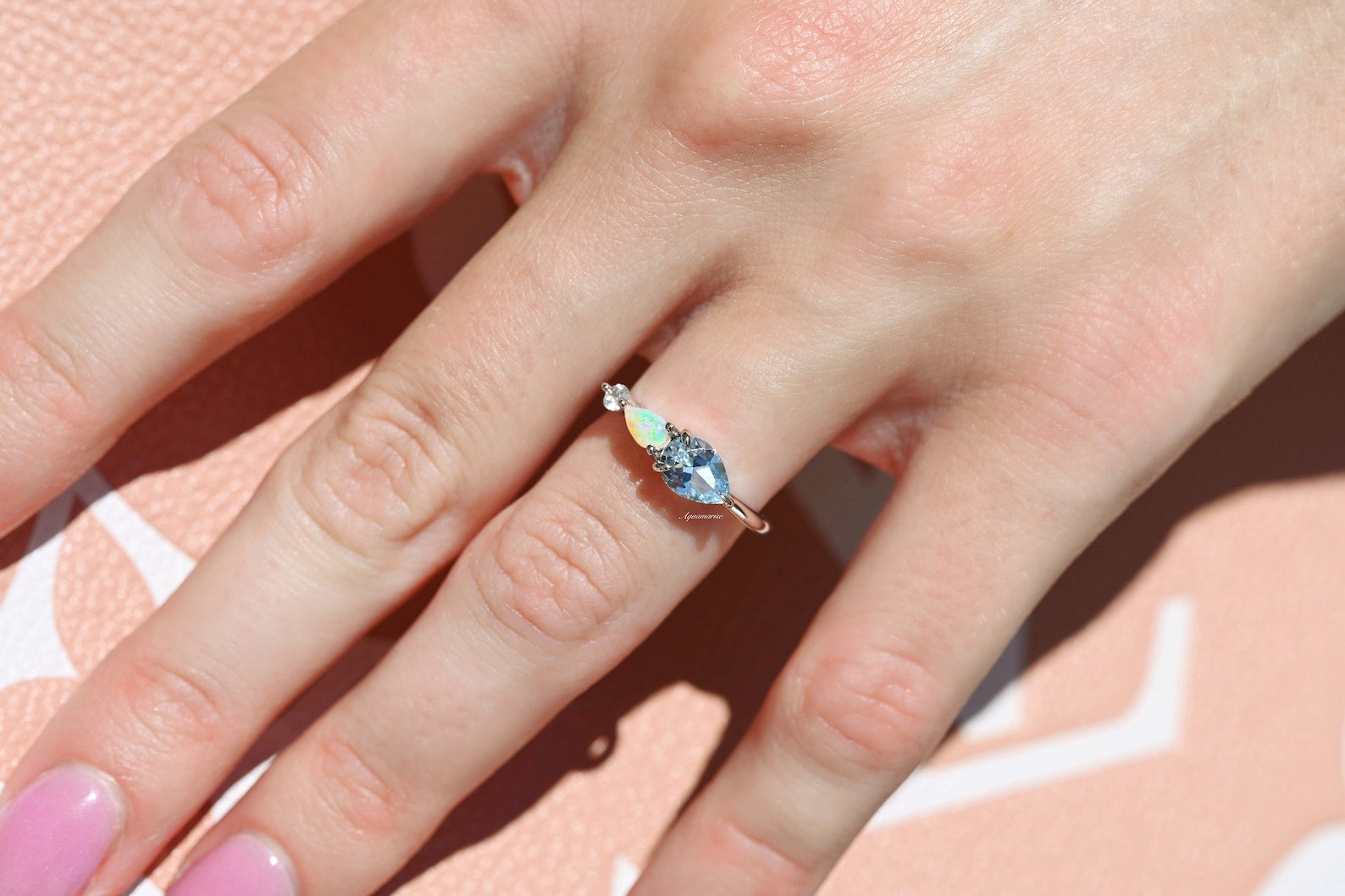 Natural Aquamarine & Australian Opal Sterling Silver Ring for Women - Elegant Birthstone Jewelry Gift for Wedding, Anniversary & Special Occasions
