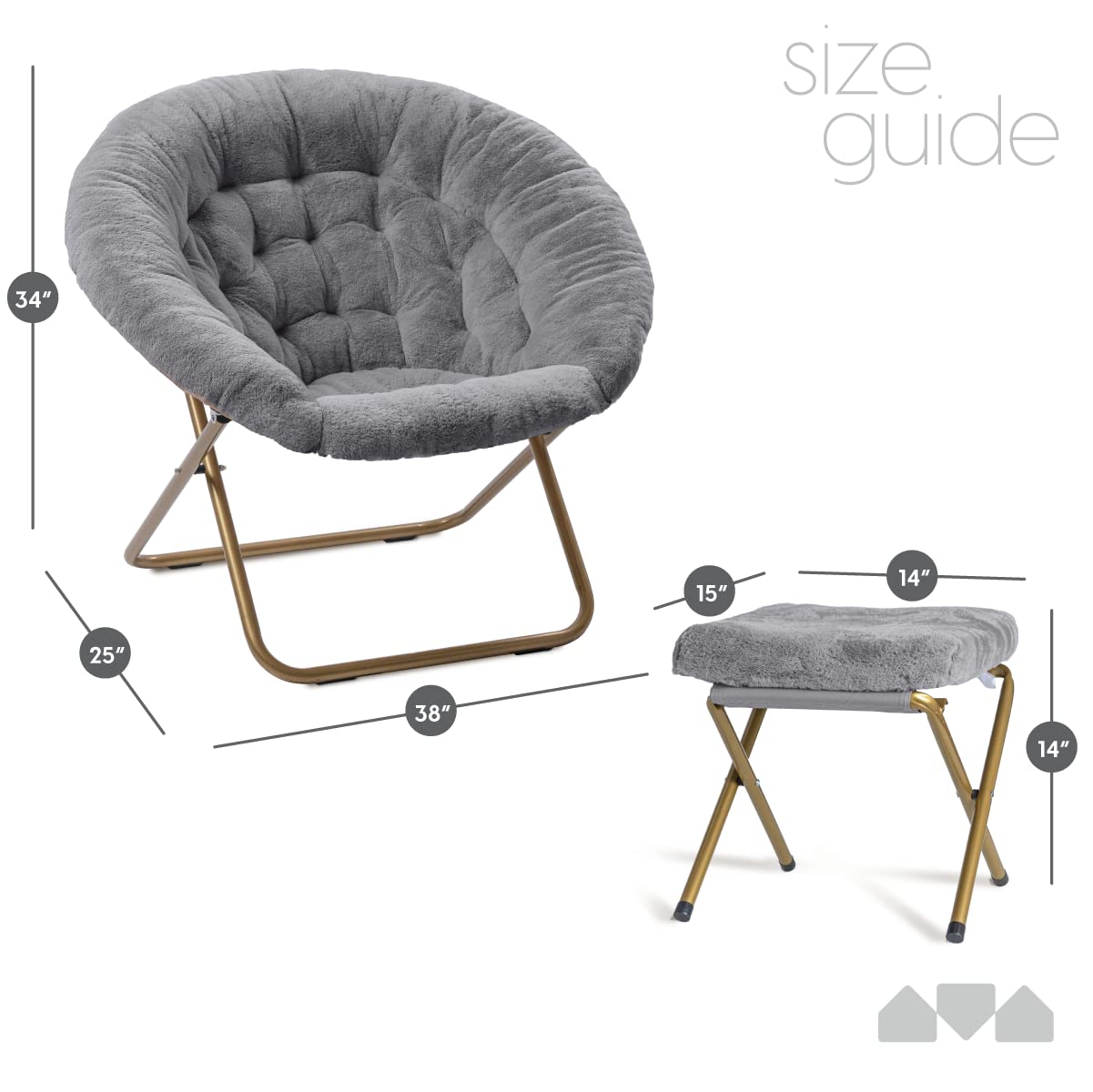 Milliard Extra Large Cozy Chair with Footrest Ottoman - Faux Fur Saucer Chair for Bedroom, Living Room & Dorm - Grey - Perfect for Relaxing, Reading & Lounging