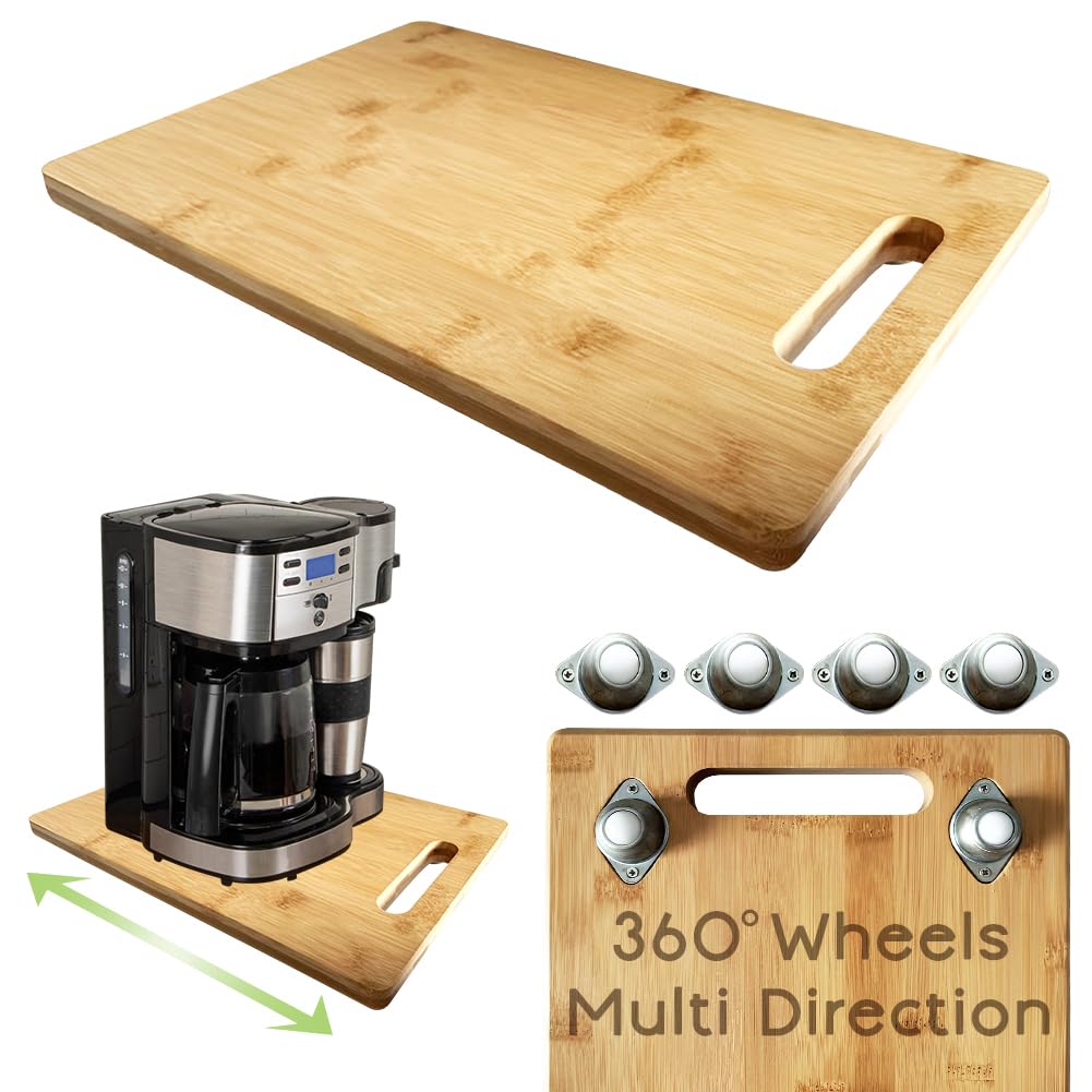 Comfecto 360° Multi-Directional Sliding Tray for Coffee Maker - Waterproof Bamboo Slide Out Tray with 4 Rolling Wheels, Perfect for Kitchen Counter Organization & Coffee Station Setup