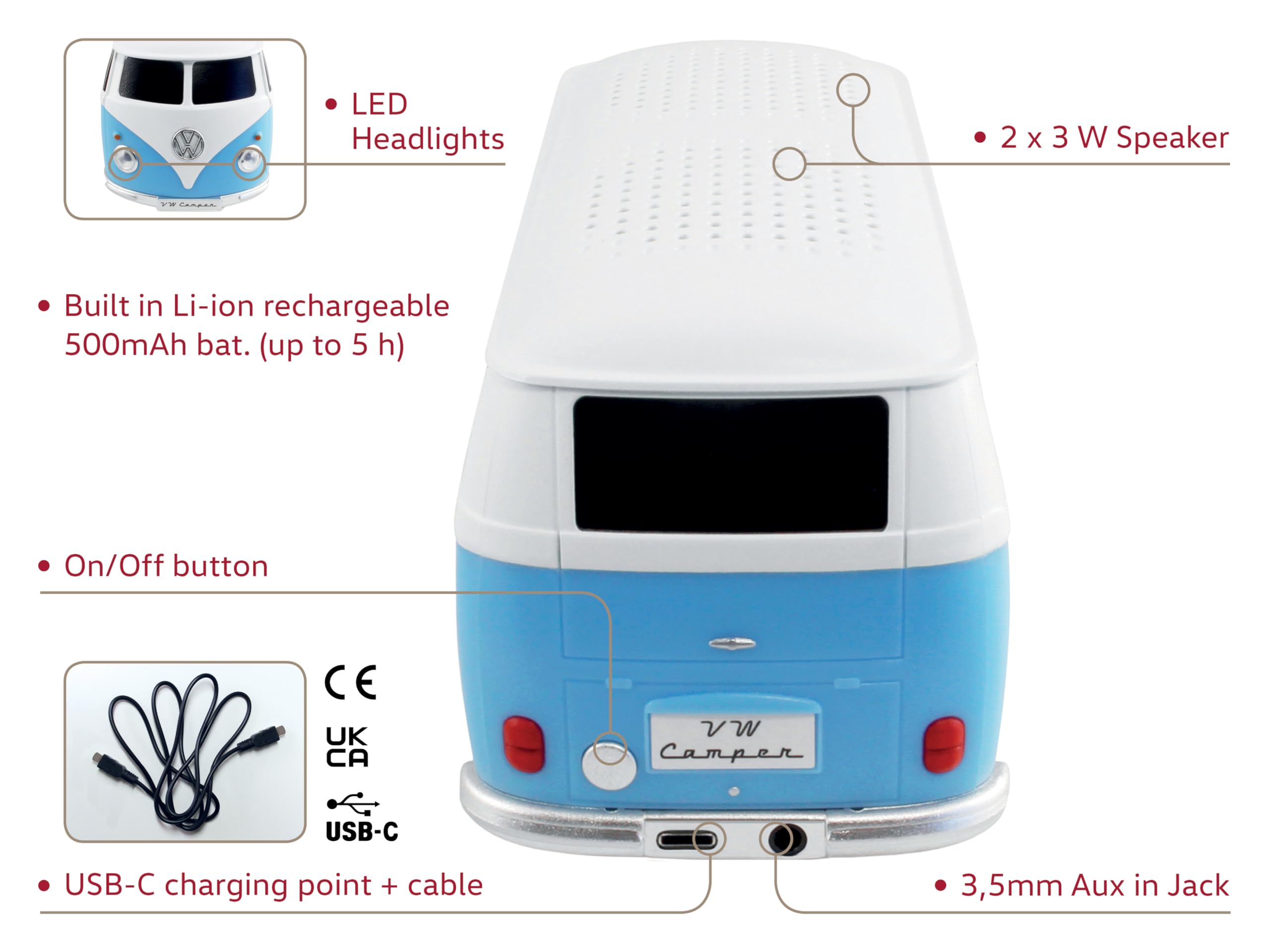 BRISA VW Collection - 1:20 Scale Volkswagen T1 Bus Campervan Bluetooth Speaker with Rechargeable Battery | Portable Wireless Speaker for Home, Office, Travel & Outdoor Adventures | Classic Blue Retro Design