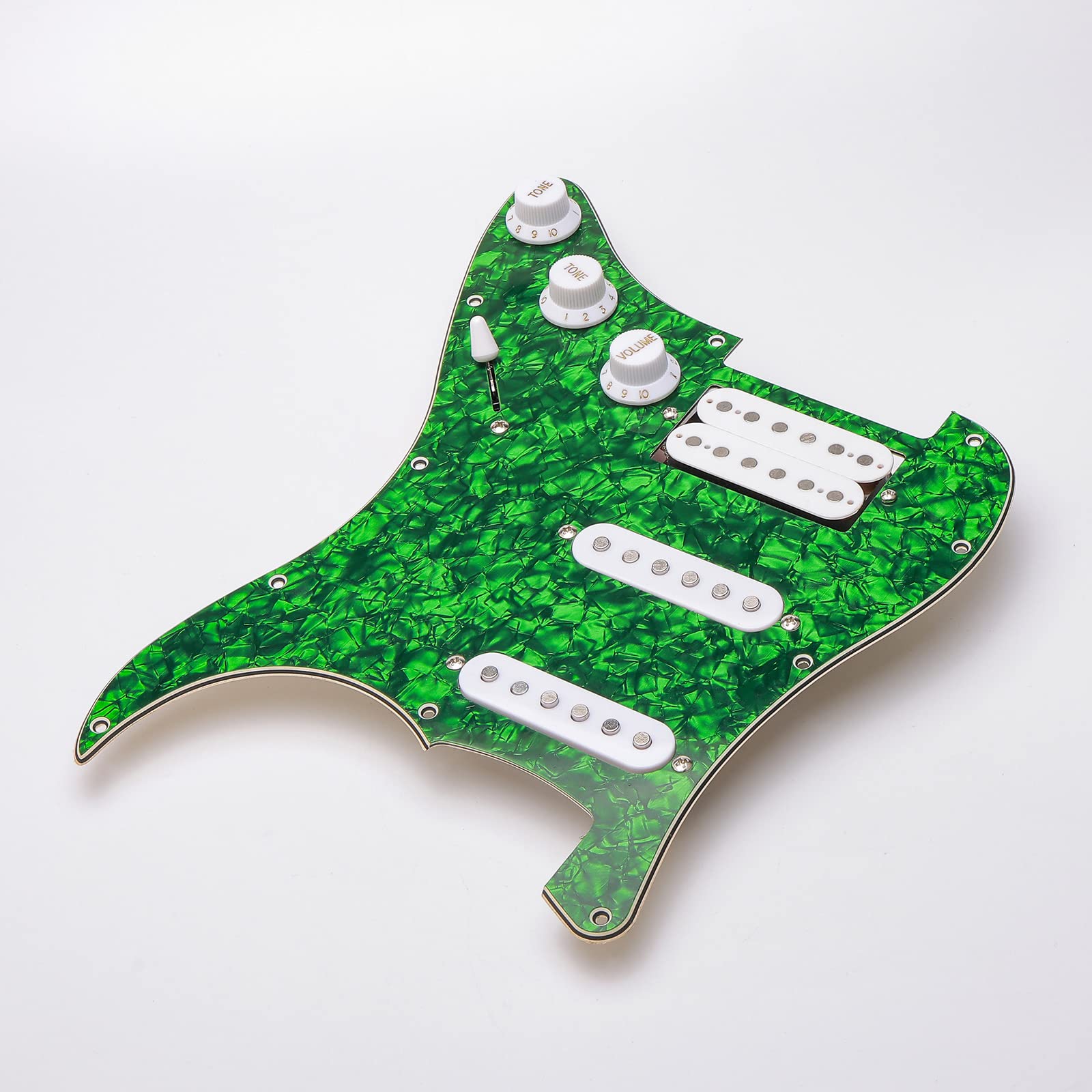 11-Hole Loaded Guitar Pickguard SSH with White Humbucker Pickup - Prewired Scratch Plate Set for Fender Stratocaster (4-Ply Green Pearl) - Includes Guitar Strings & Installation Tools - Perfect for Guitar Upgrades & DIY Repairs