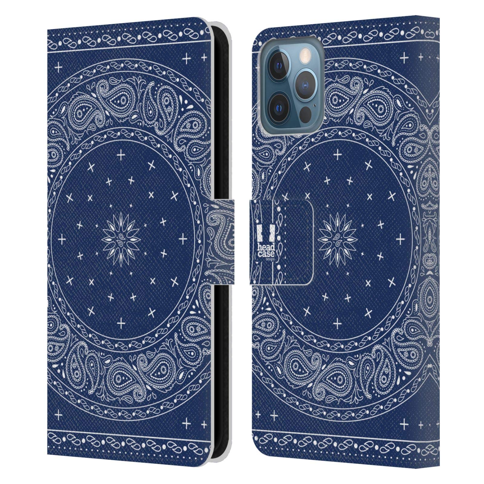 Head Case Designs Round Blue Classic Paisley Bandana Leather Book Wallet Case for Apple iPhone 12 & 12 Pro - Stylish Protective Cover for Everyday Use & Travel