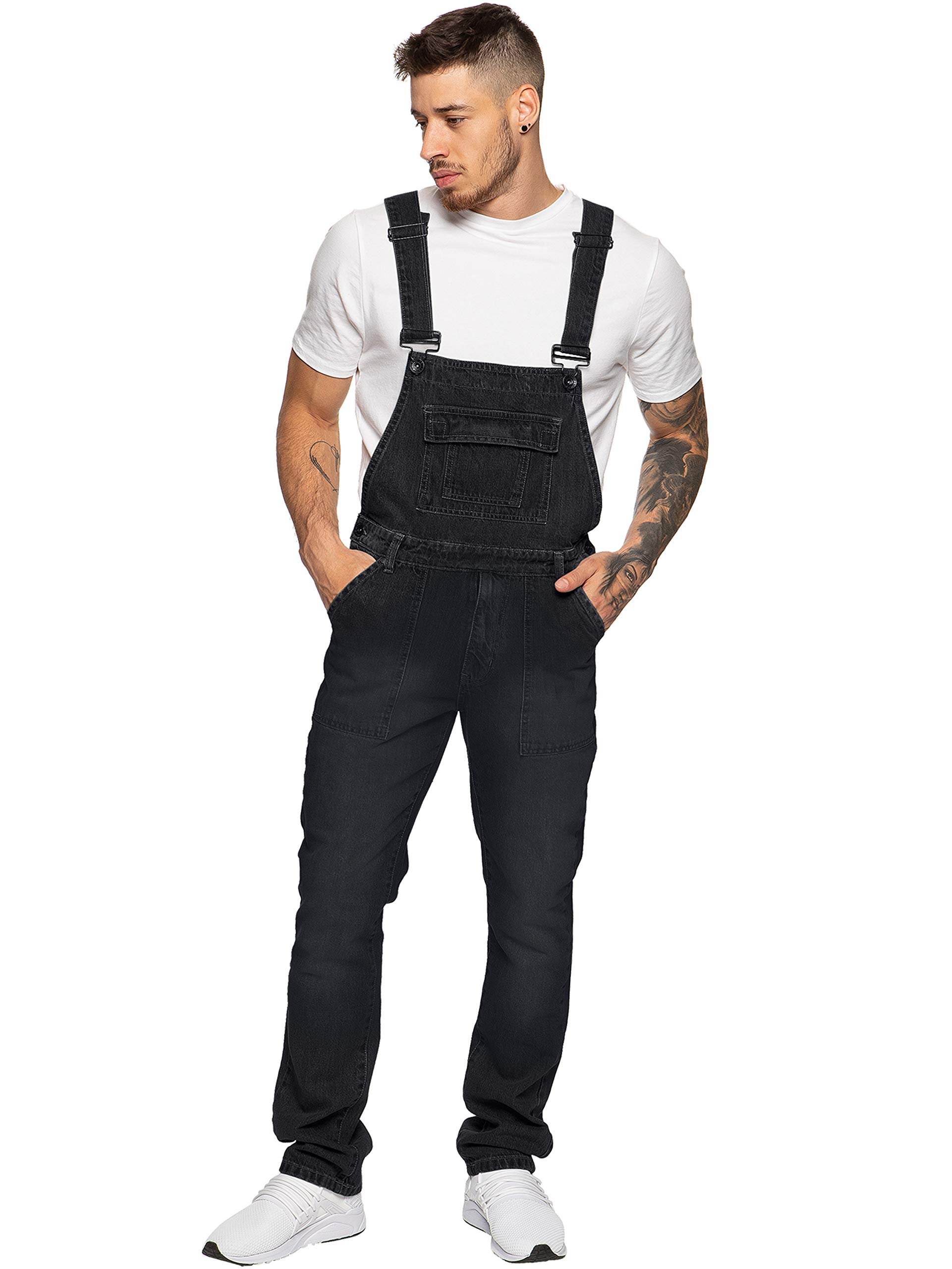 Ze ENZO Men's Denim Blue & Black Dungarees - Workwear Overalls with Fashionable Casual Style - Waist Sizes 30-50 - Perfect for Construction, Farming, DIY Projects & Streetwear Fashion