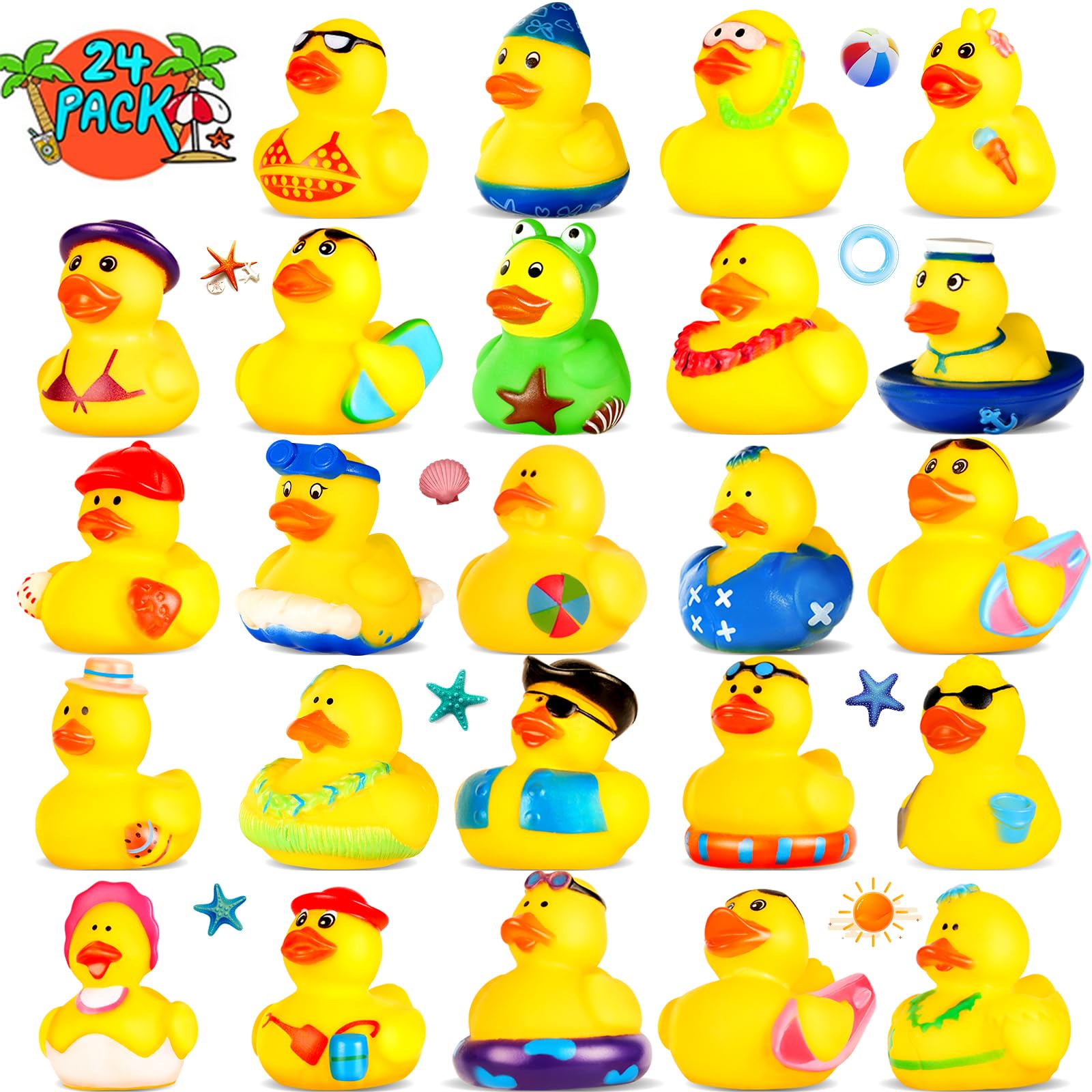 24 Pack Assorted Summer Rubber Duckies - Bulk Beach Party Favors, Pool Toys & Baby Bath Toys for Kids | Perfect for Summer Holidays, Classroom Prizes, and Fun Water Games