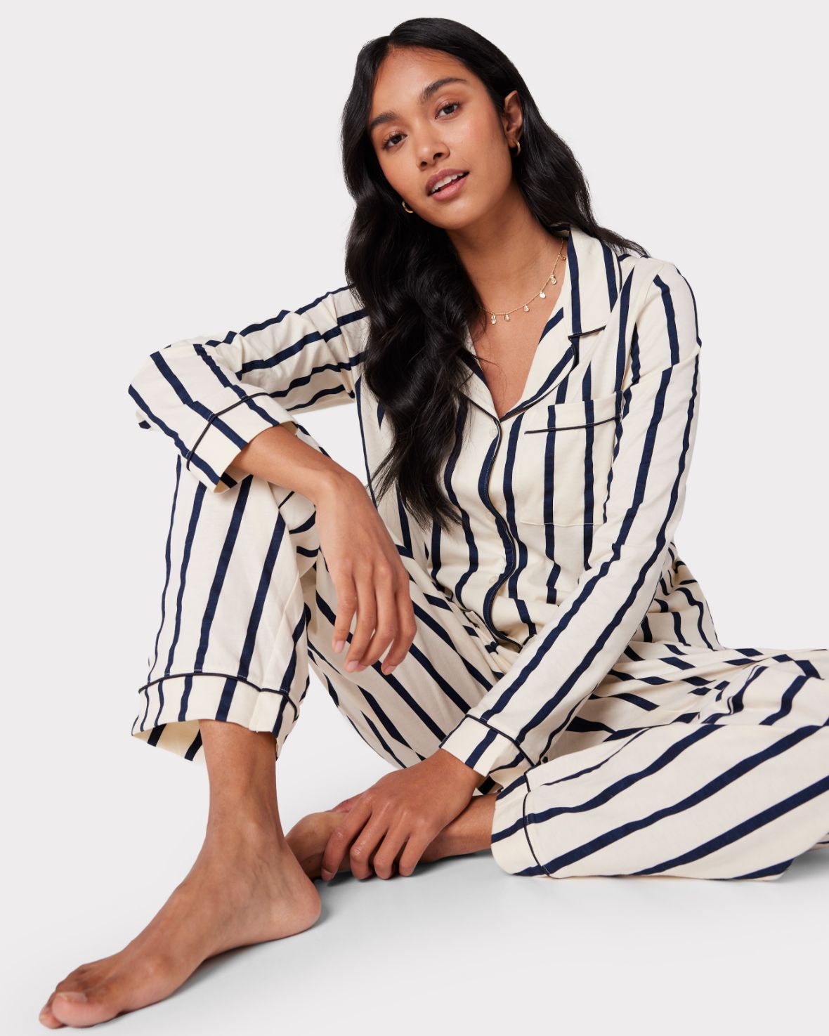 Organic Cotton Striped Long Sleeve Pajama Set for Women - Navy Blue - Soft & Comfortable Sleepwear for Nighttime Relaxation & Lounging