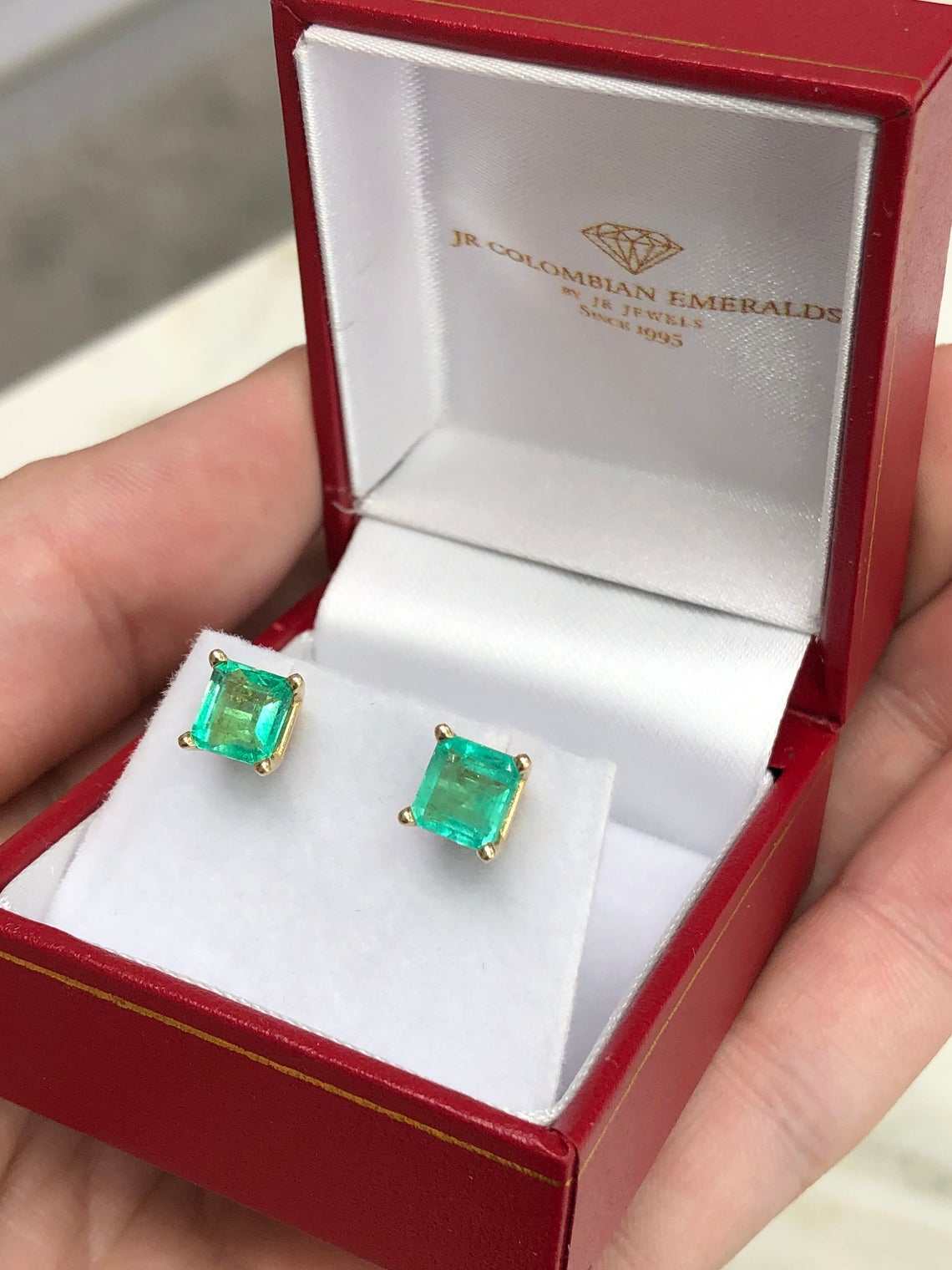 2.0tcw Asscher Cut Certified Medium Green Emerald Stud Earrings in 14K Gold - Perfect for Weddings, Anniversaries & Special Occasions