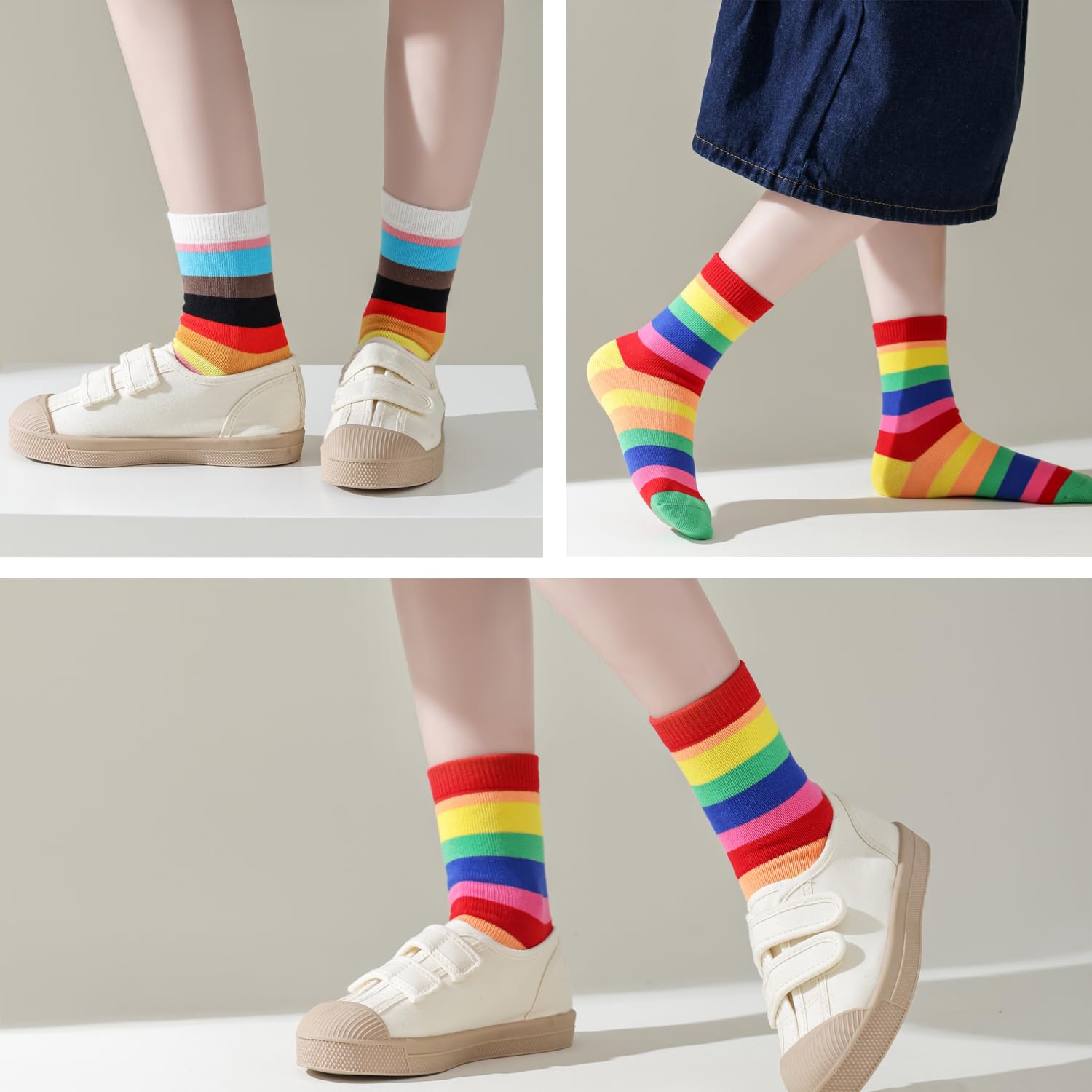 Marchare Girls Seamless Crew Cotton Socks - 5 Pack Rainbow Striped Casual Socks for Kids - Perfect for School, Play & Everyday Comfort
