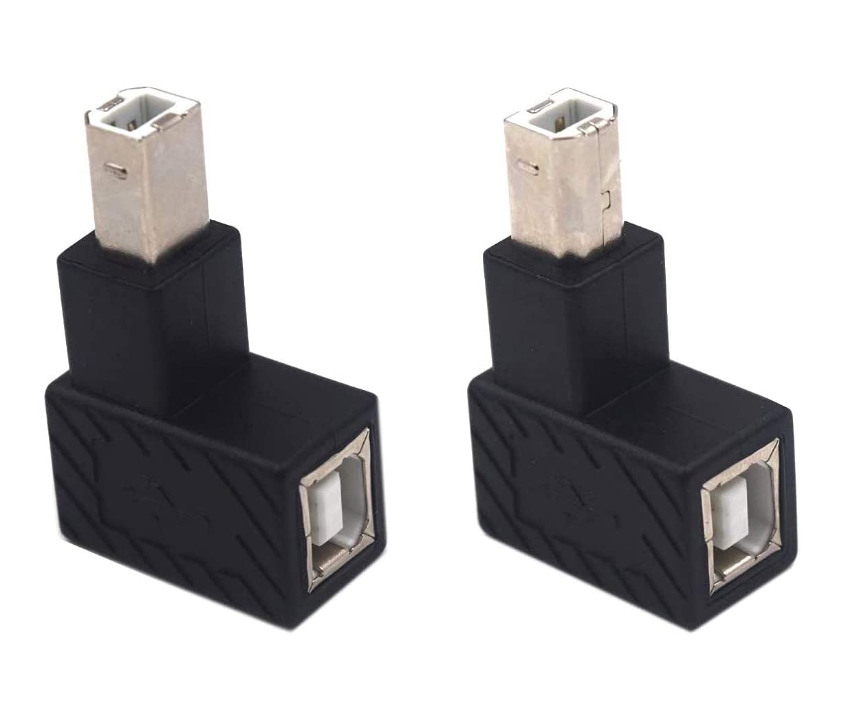 90 Degree USB B Printer Adapter 2 Pack - USB 2.0 Type B Male to Female Right Angle Adapter for Printers, Scanners, HDD - Up & Down Angled Design for Space-Saving Setup in Home Office or Workstation