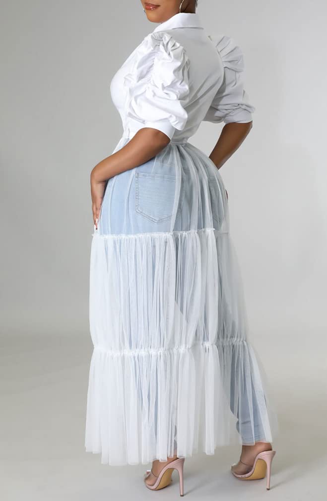 Choichic Women's High Waist Sheer Mesh Patchwork Maxi Dress - Button Down Long Tunic with Belt | Summer Casual, Beach Cover Up, Boho Chic Outfit