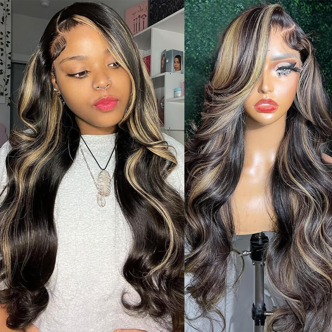 13x6 Highlight Blonde Lace Front Human Hair Wig - Pre Plucked 1B/27 Balayage Body Wave 180% Density HD Lace Frontal Wig for Women (28 Inch) - Perfect for Daily Wear, Cosplay, and Special Occasions