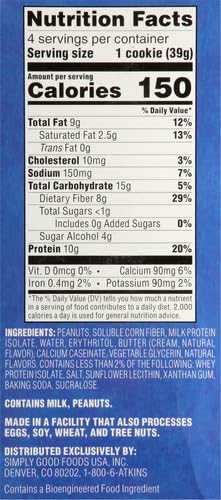 Atkins Peanut Butter Protein Cookies - Low Carb Keto Friendly Snack, High Protein Dessert with 3g Net Carbs & 1g Sugar, Gluten Free Fiber Rich Treat (4 Pack) - Perfect for On-the-Go Energy, Post-Workout Recovery & Healthy Weight Management