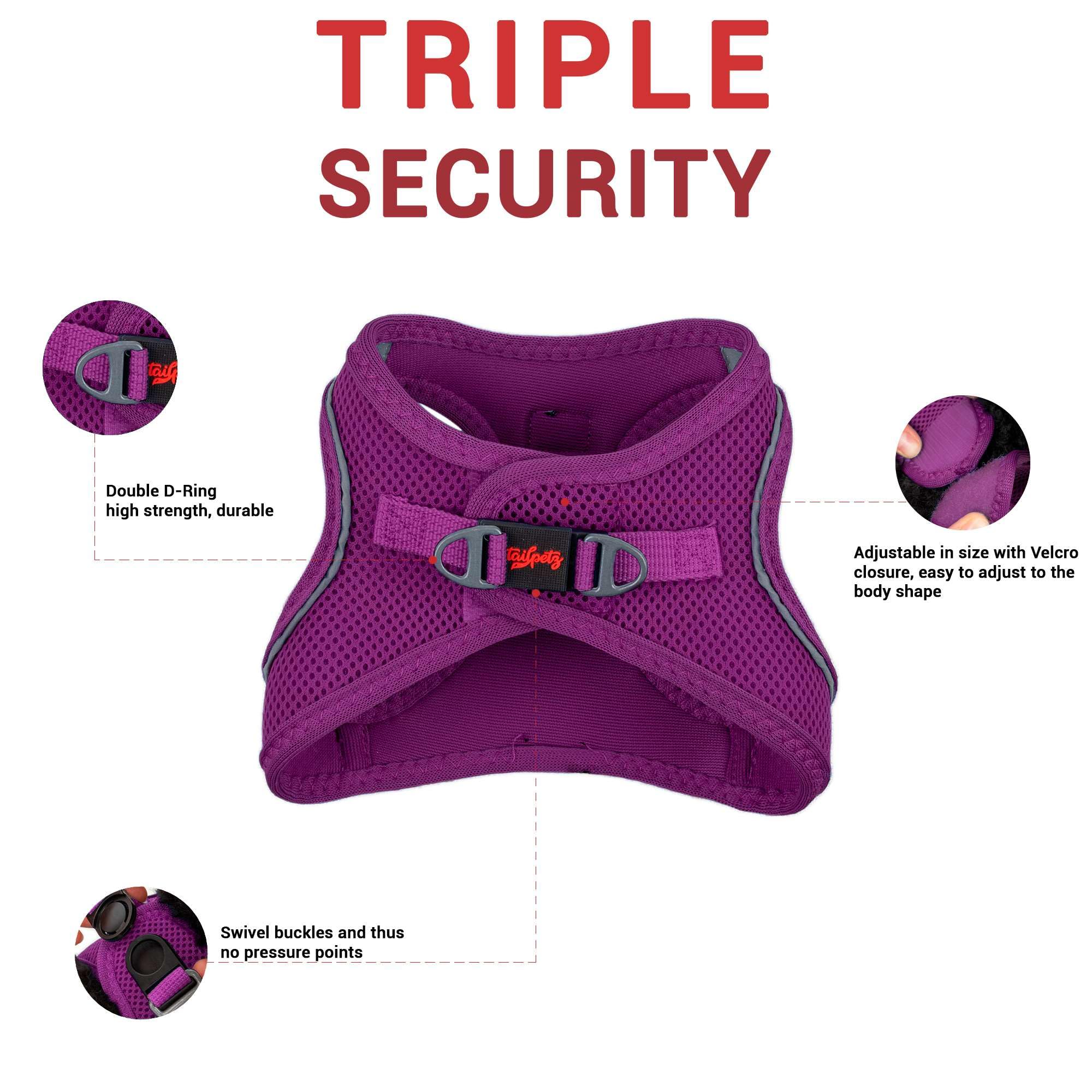 Tailpetz Adjustable No-Pull Dog Harness for Small Dogs - Purple Reflective Step-in Puppy Harness for Training, Walking & Outdoor Adventures (Size S) - Perfect for Small Breed Dogs & Puppies
