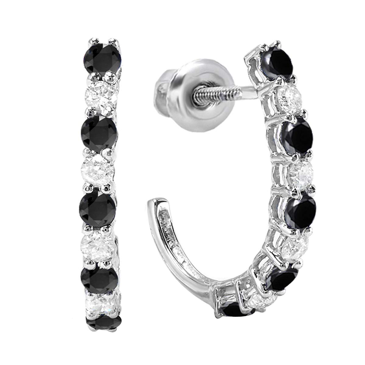 10K Solid White Gold Round Gemstone & Diamond J Hoop Earrings for Women | Elegant Dazzlingrock Collection | Perfect for Parties, Weddings & Everyday Wear