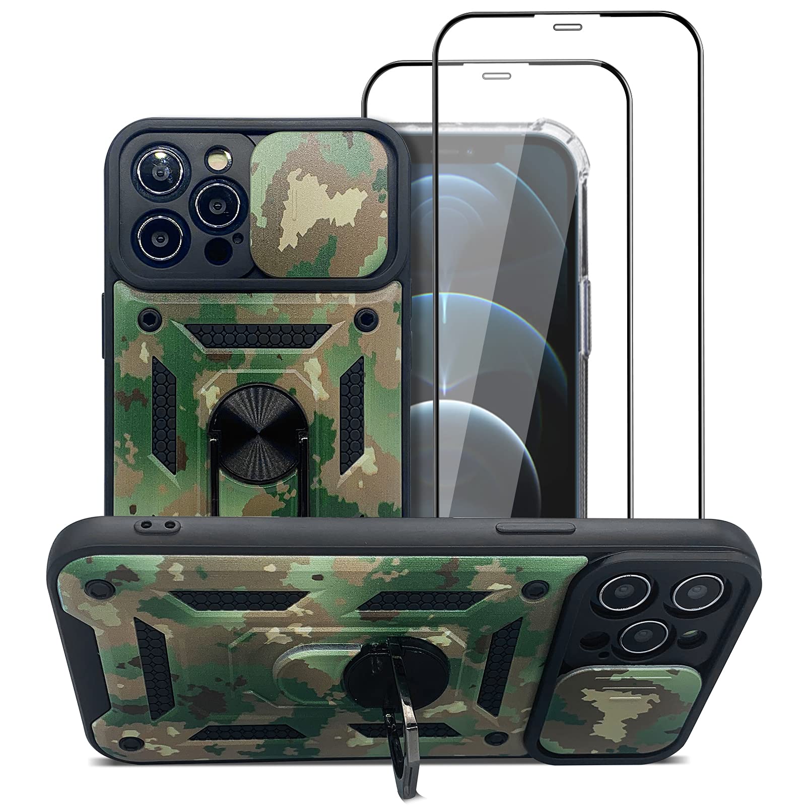 4-Pack Jusy Protective Case for iPhone 12 Pro Max - Shockproof Bumper Cover with Slide Camera Protector, Kickstand & 2 Tempered Glass Screen Protectors (Army Green + Clear) - Perfect for Outdoor Activities, Travel & Daily Protection
