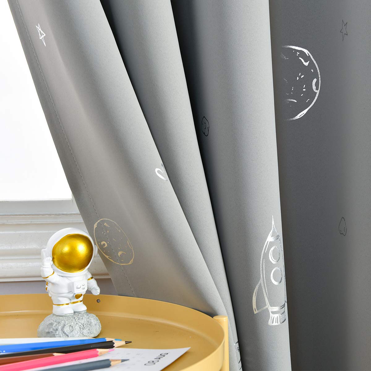Space Planets Blackout Curtains 84 Inches Long - 2 Panels, Grey with Silver Foil Print, Grommet Top for Kids Room & Bedroom - Perfect for Nursery, Living Room & Home Theater Light Blocking