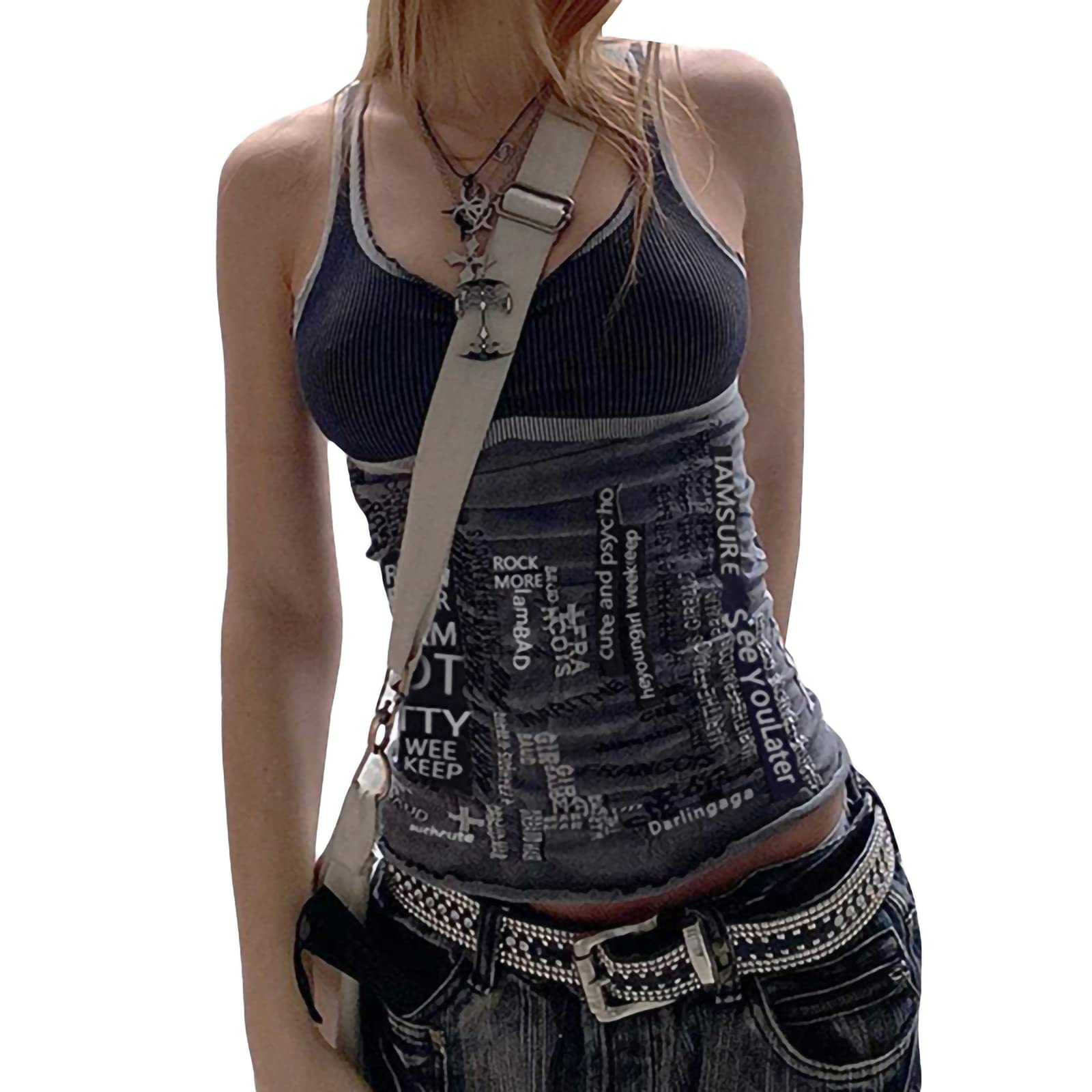 FeMereina Women's Y2K Cute Elves Printed Crop Tank Top - Graphic Cami Sleeveless Vest for E-Girl Fairy Grunge Aesthetic | Perfect for Music Festivals, Rave Outfits & Streetwear Fashion
