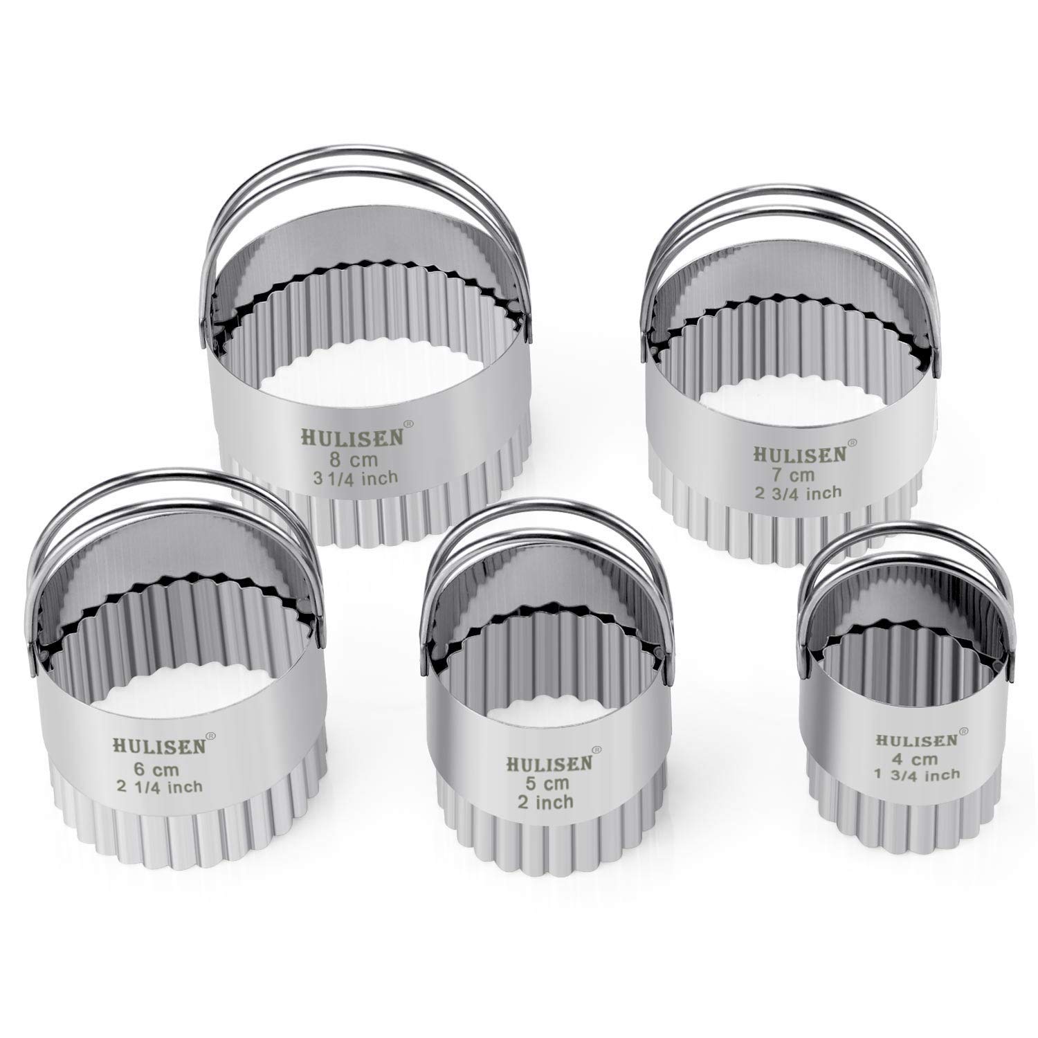 HULISEN 5-Piece Stainless Steel Biscuit Cutter Set with Handle - Round & Wave Cookie Cutters with Fluted Edge - Professional Baking Tools for Cookies, Pastries & Dough - Ideal for Home Bakers & Gift Giving
