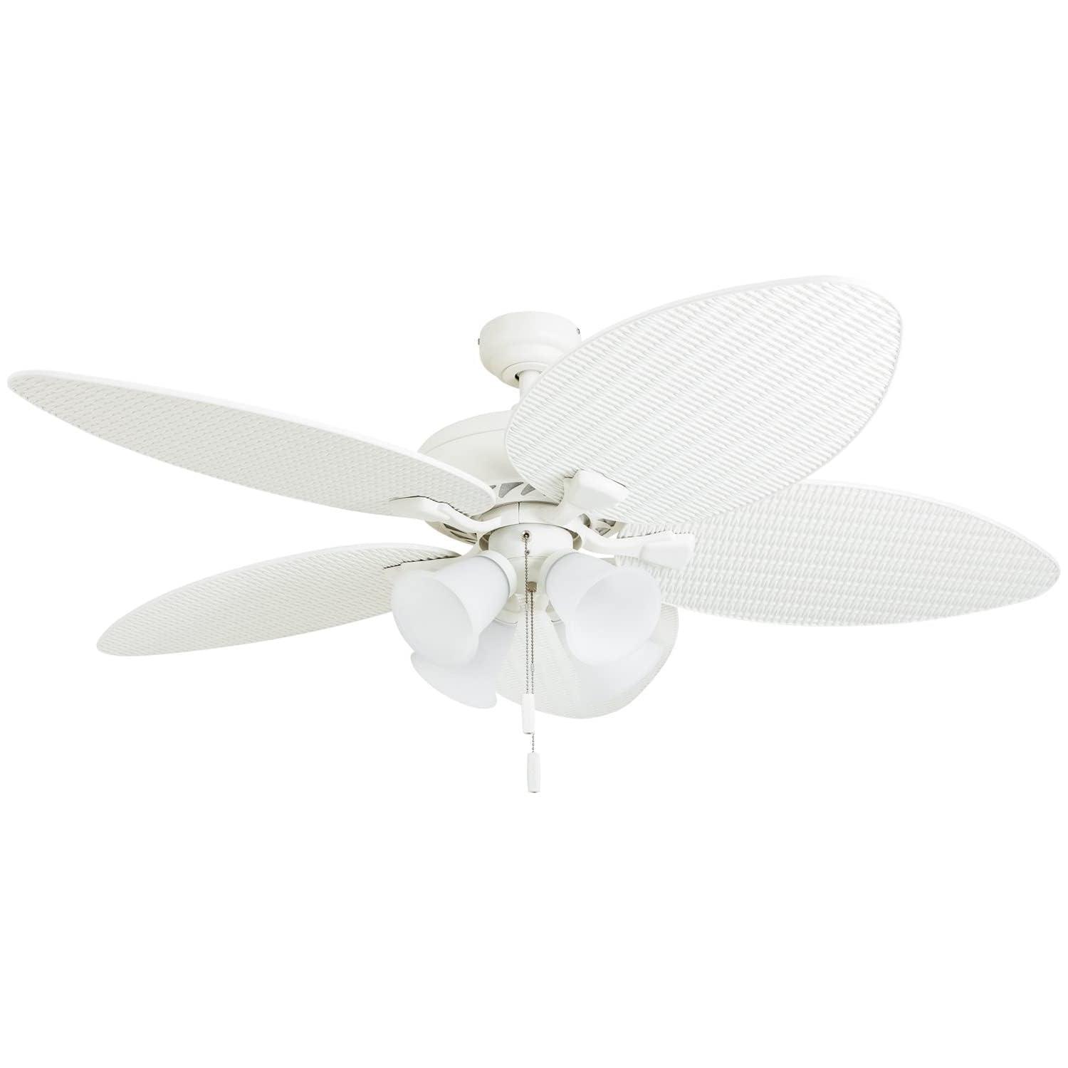 Honeywell 52 Inch Tropical Ceiling Fan with Light - Indoor/Outdoor Reversible Motor, 5 Palm Leaf Blades, Pull Chain & 3 Mounting Options (White) - Perfect for Patio, Bedroom, Living Room & Outdoor Spaces