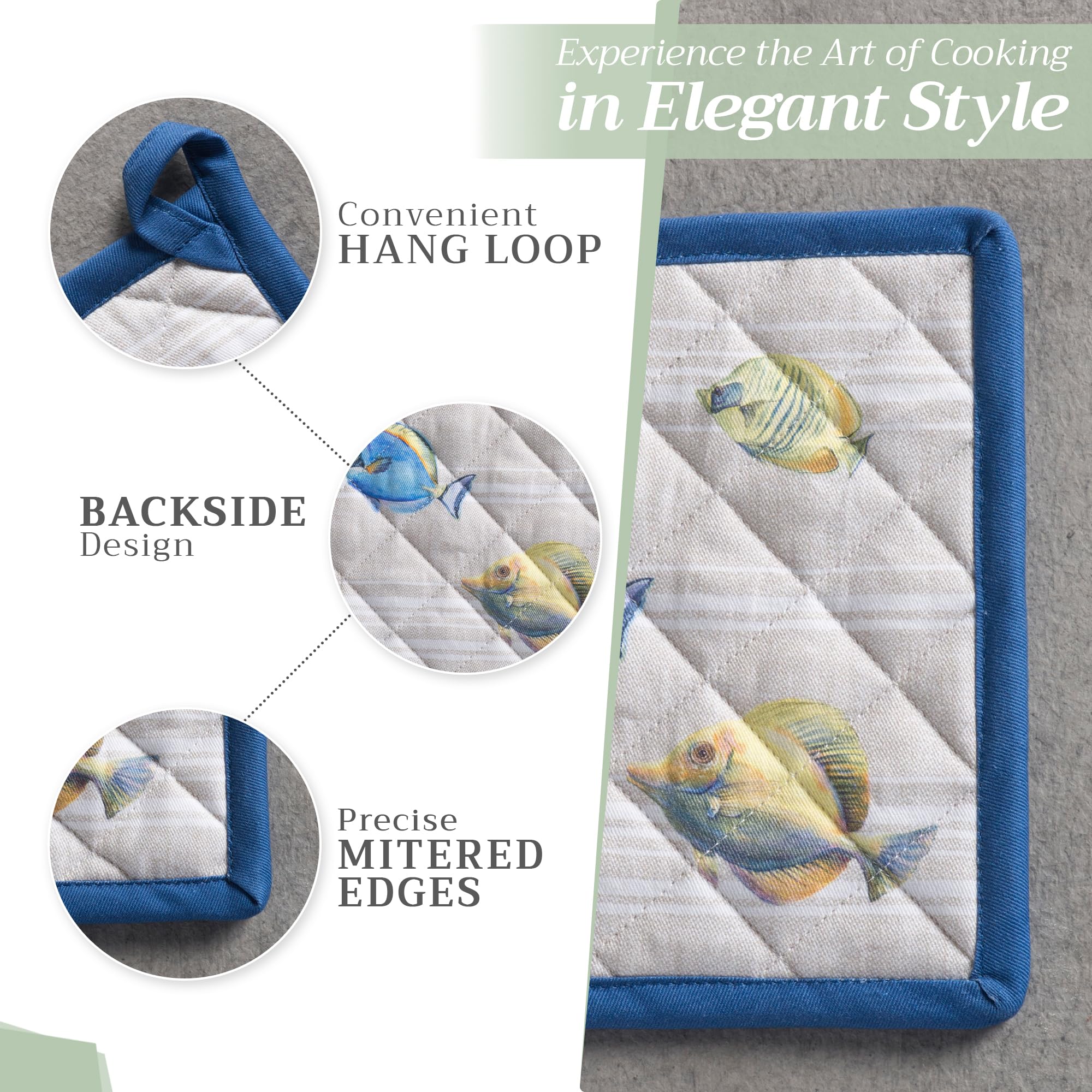 Heat Resistant 8x8 Inch Cotton Potholders - 100% Cotton Oven Mitts with Loop for BBQ, Grilling, Baking & Microwave Use - Easter & Spring Kitchen Decor (Poisson Design)