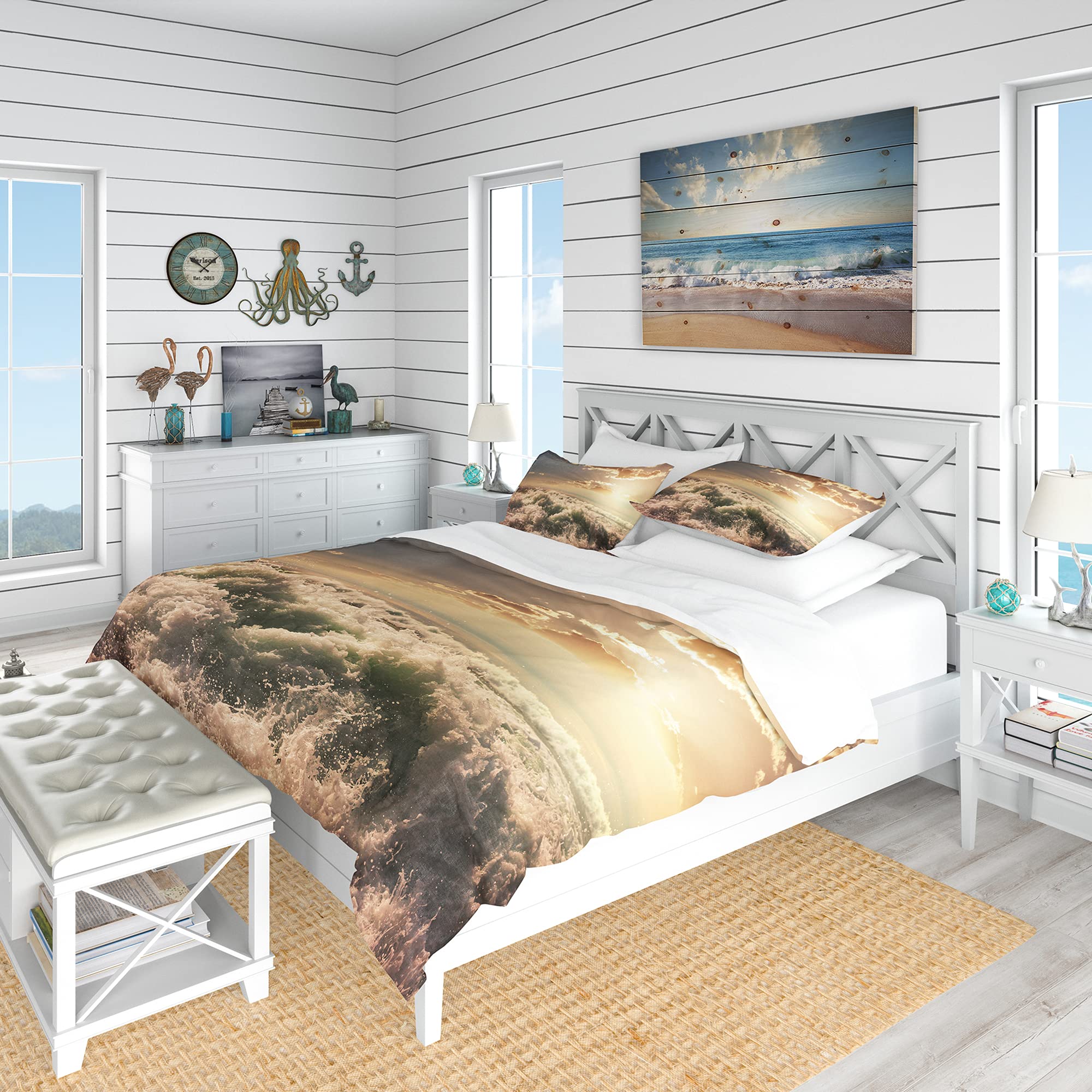 Troubled White Waves on Beach Nautical & Coastal Duvet Cover Set - King Size White Beach Bedding 3-Piece Set for All Seasons | Perfect for Coastal Themed Bedrooms, Guest Rooms & Vacation Homes